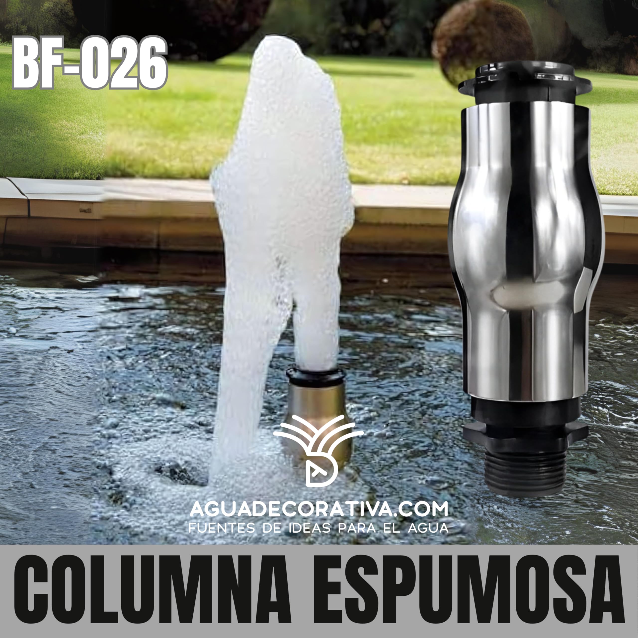 Boquilla para Fuentes de Jardin Columna Espumosa Chorro Espumoso Cascada de Agua 1" Acero Inoxidable y Plástico(BF-026)