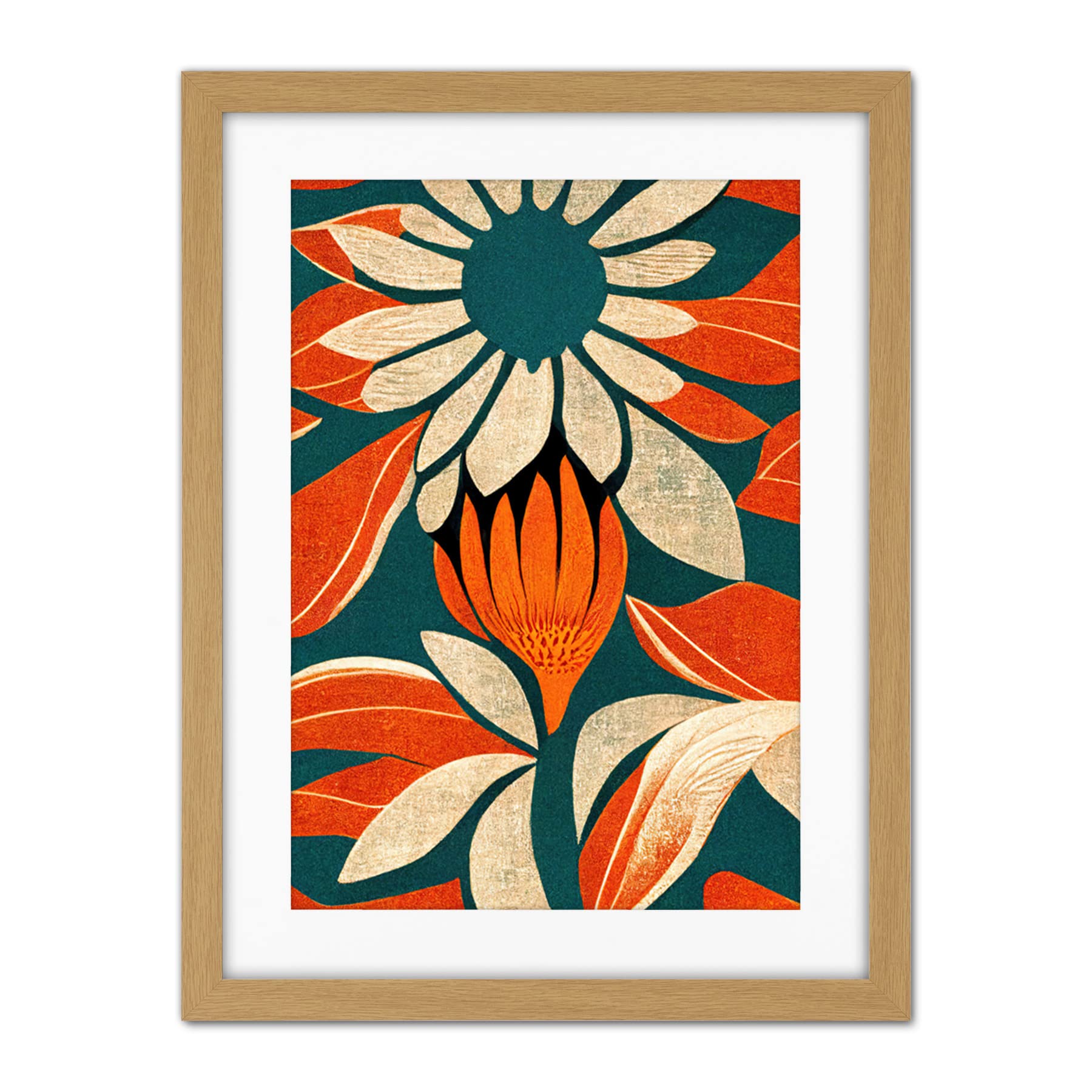 Doppelganger33 LTD Flower Design Teal Orange Abstract Linocut Artwork Framed Wall Art Print 18X24 Inch