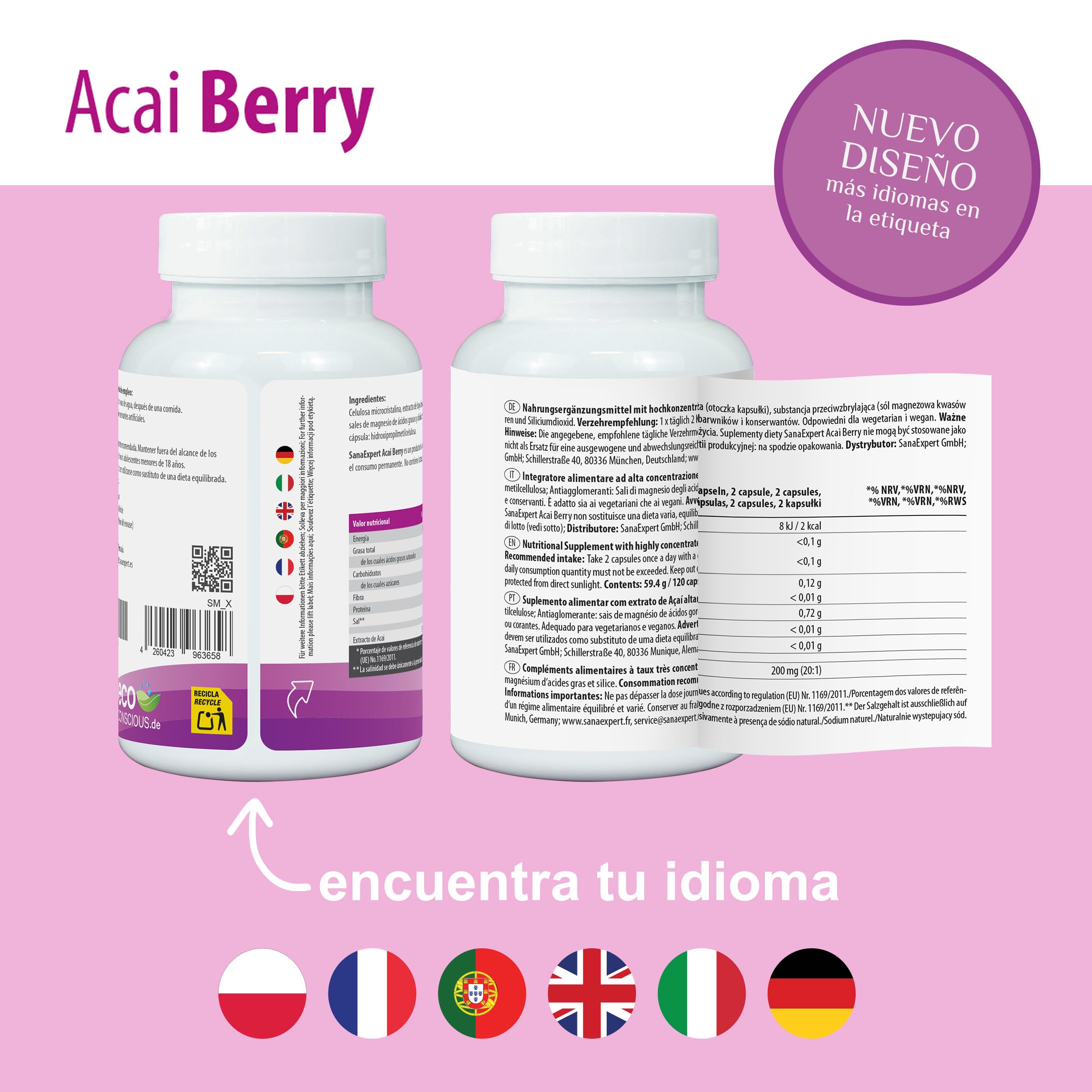 SanaExpert Acai Berry - Suplemento Alimenticio Natural con Extracto Puro de Açaí - Rico en Antioxidantes - Apto para Veganos, Sin Gluten, Sin Lactosa - 120 Cápsulas - Fabricado en Alemania