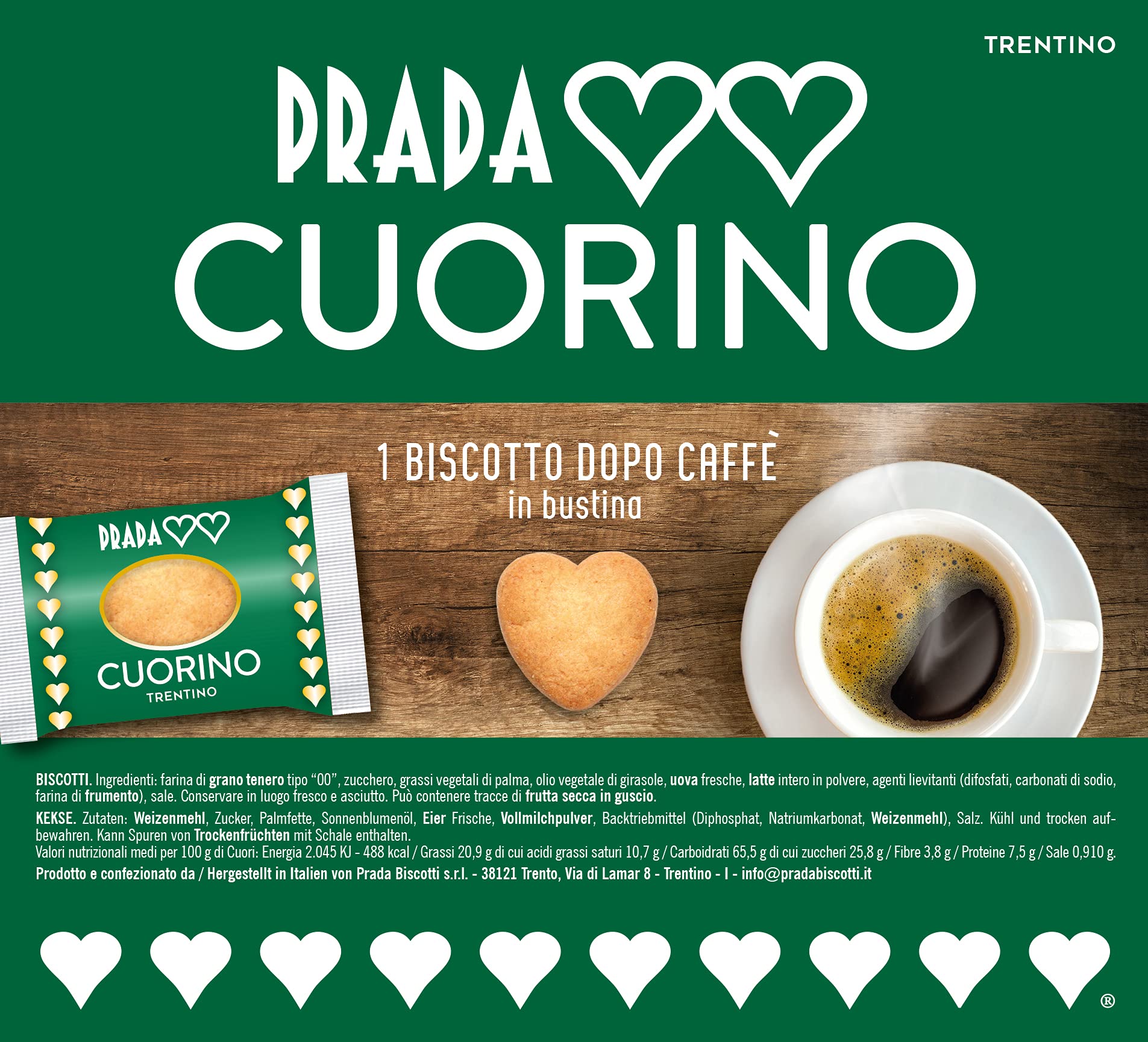 Prada Biscotti - Cuorino - Biscotti da Caffè 240 Pezzi in Confezioni Singole Monoporzione. Prodotto Tipico del Trentino, Realizzato in Italia con Metodo Tradizionale.