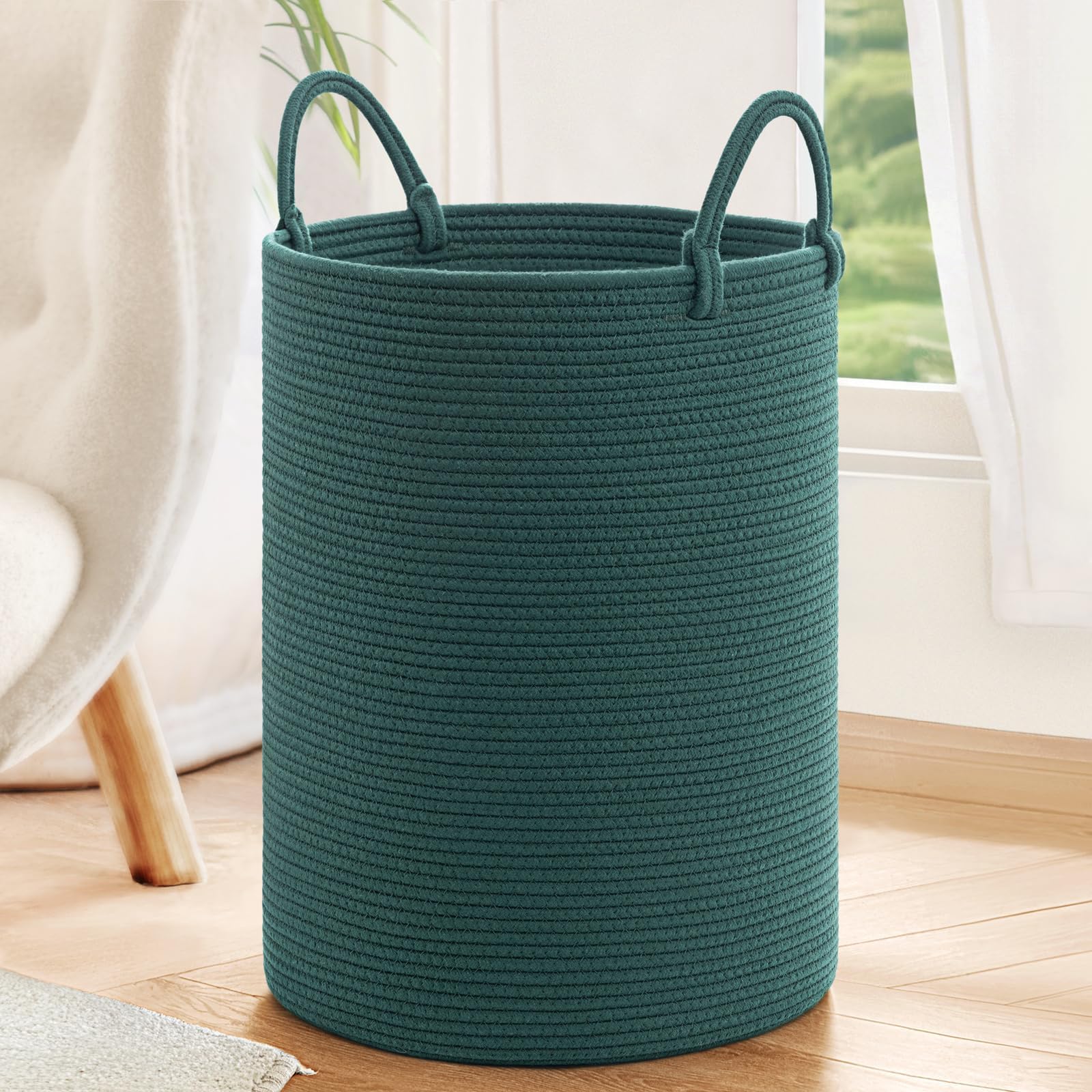 TIMEYARD Wäschekorb, Babywäschekorb für Spielzeug, hoher geflochtener Wäschekorb für Kleidung, Aufbewahrungskörbe für Decken für das Wohnzimmer, 35 x 50 cm, grün