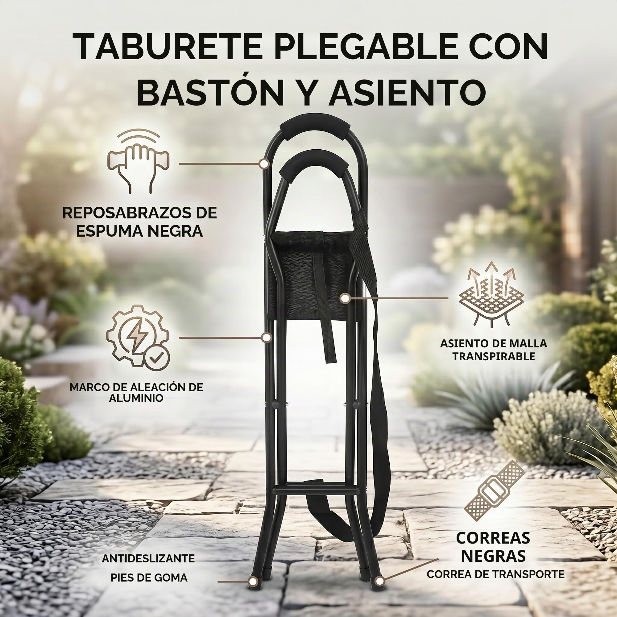 Bastón con Asiento, Silla Bastón Plegable Portátil, Sillas Bastón Plegables para Adultos, Bastones con Asiento para Hombres y Mujeres, Bastón y Taburete de Doble Uso para Personas