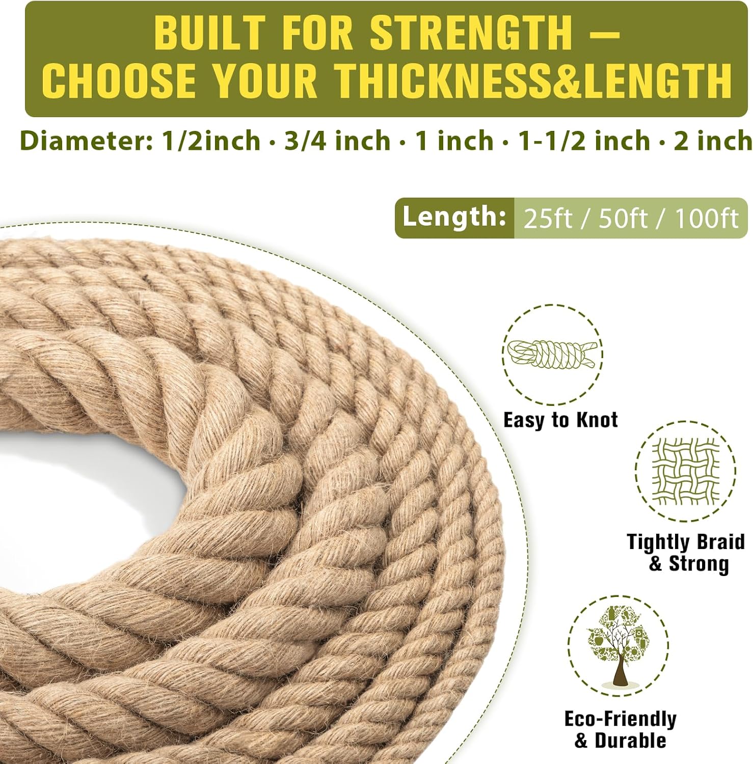 Jute Rope Heavy Duty - 1inch 50ft Thick Natural Twisted Manila Hemp Ropes Indoor and Outdoor Decorative Kits for Crafts Porch Swing Nautical Tug of War Deer Hunting Landscaping