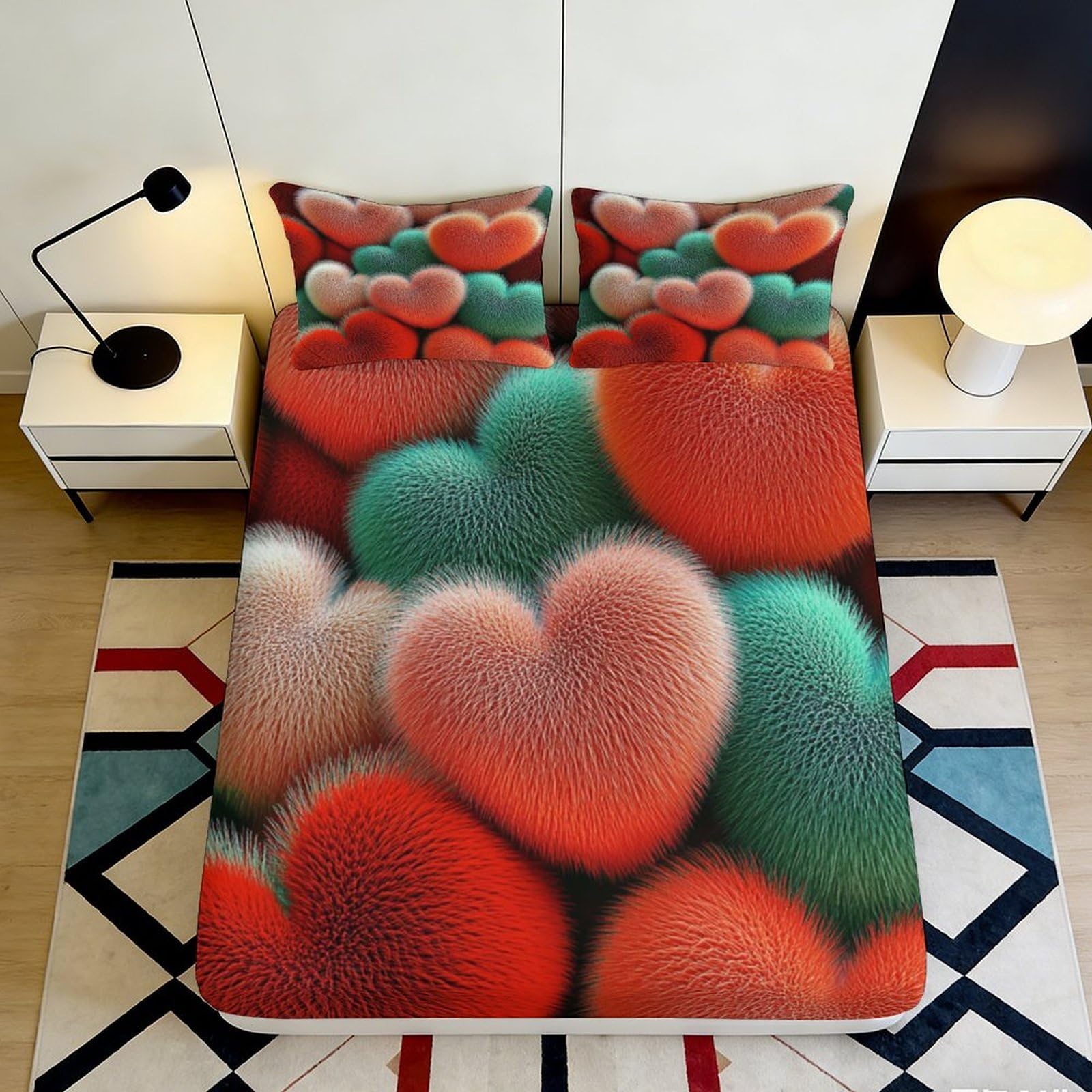 3D Printed Fuzzy Hearts Fitted Sheet Microfiber Soft Breathable Colorful Heart Pattern Bed Sheet for Bedroom Dormitory Guest Room Mattress Protection Decor 140x200x25cm