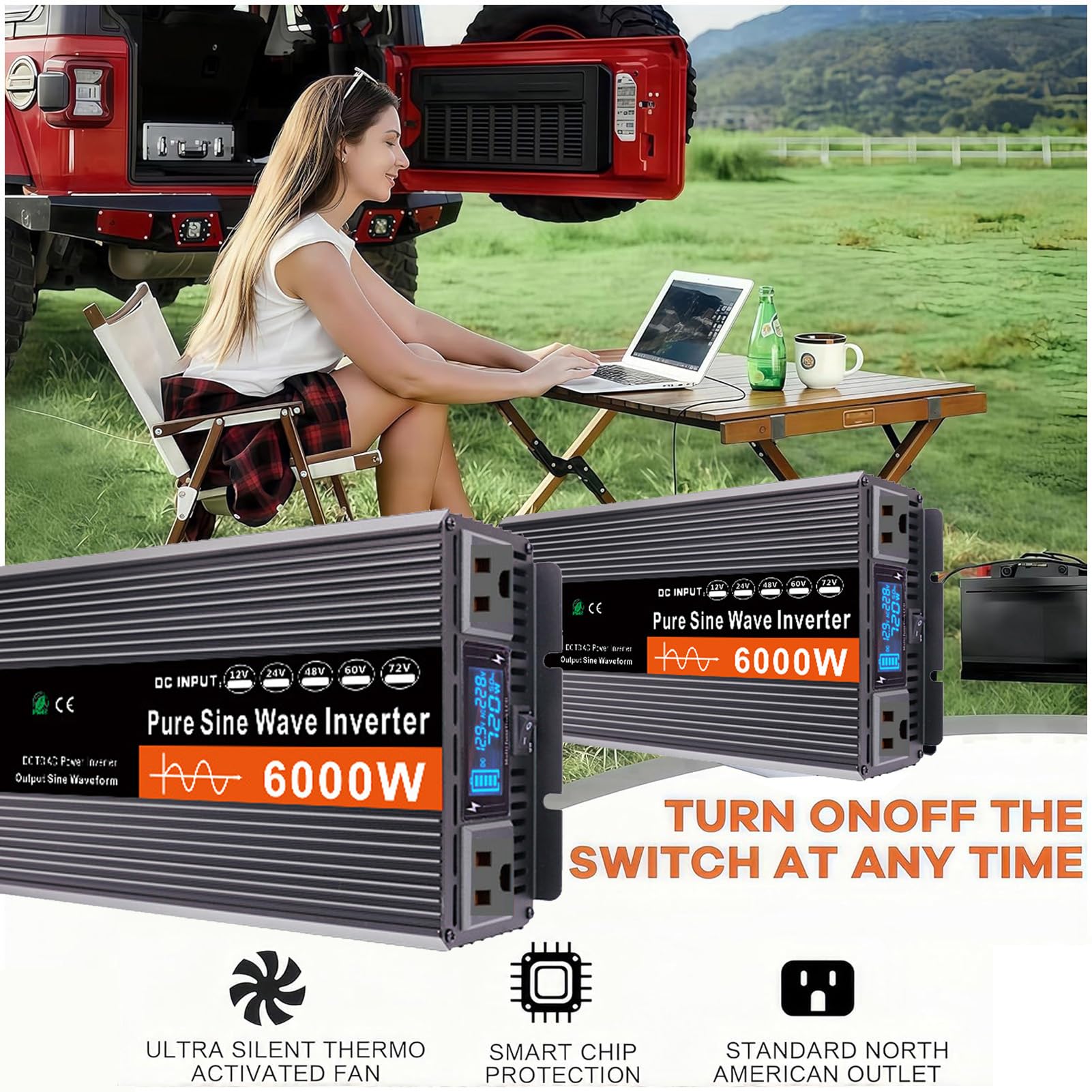 Inverter a Onda Sinusoidale Pura da 6000W CC 12V/24V/48V/60V/72V, Ingresso CC, Uscita CA, Convertitore Inverter Solare a Bassa Frequenza 110V/240V con Display a LED e 2 Prese CA(Size:24v to 110v)