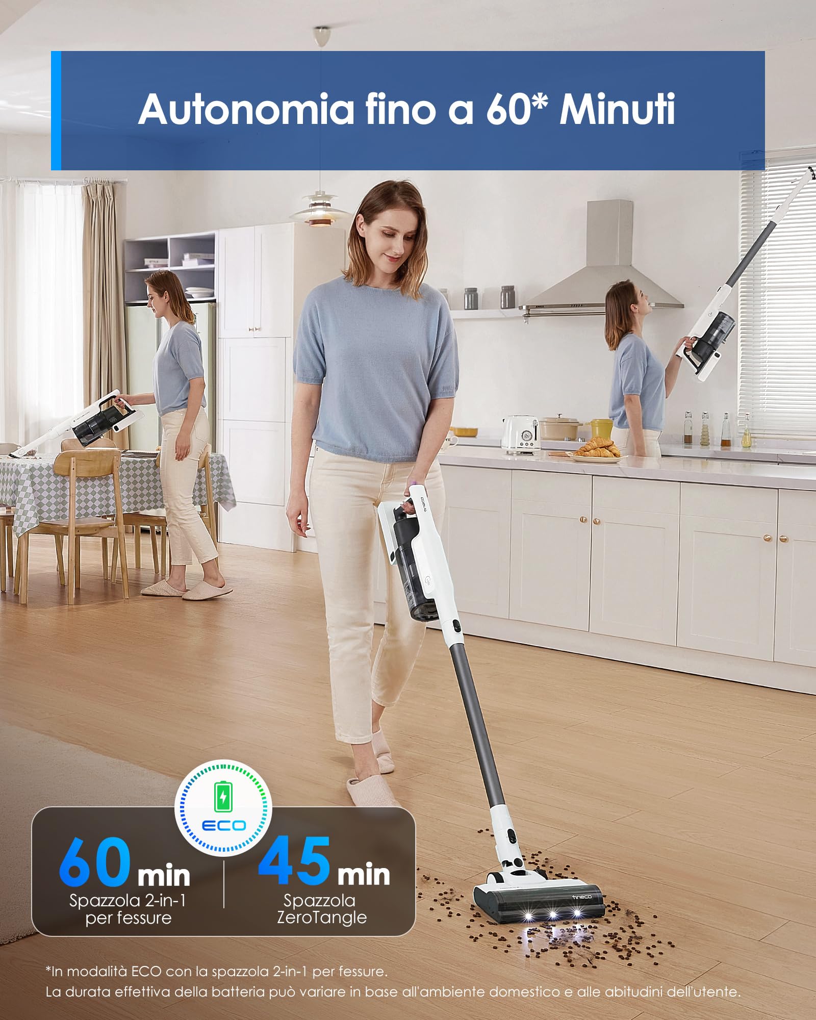 Tineco A30S, Aspirapolvere senza fili, Aspirazione da 160W, Autonomia di 60 minuti, Serbatoio Polvere da 1L, Spazzola ZeroTangle, Tecnologia PureCyclone, Luce LED