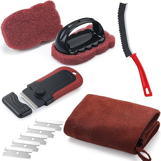 6 Pcs Cooktop and Stove Cleaning Razor Blade Scraper Tool Kit Include Crevice Cleaning Brush Scraper with 5 Blades Storage Container Durable Scrubbing Pads Towels to Remove Kitchen Tough Stain