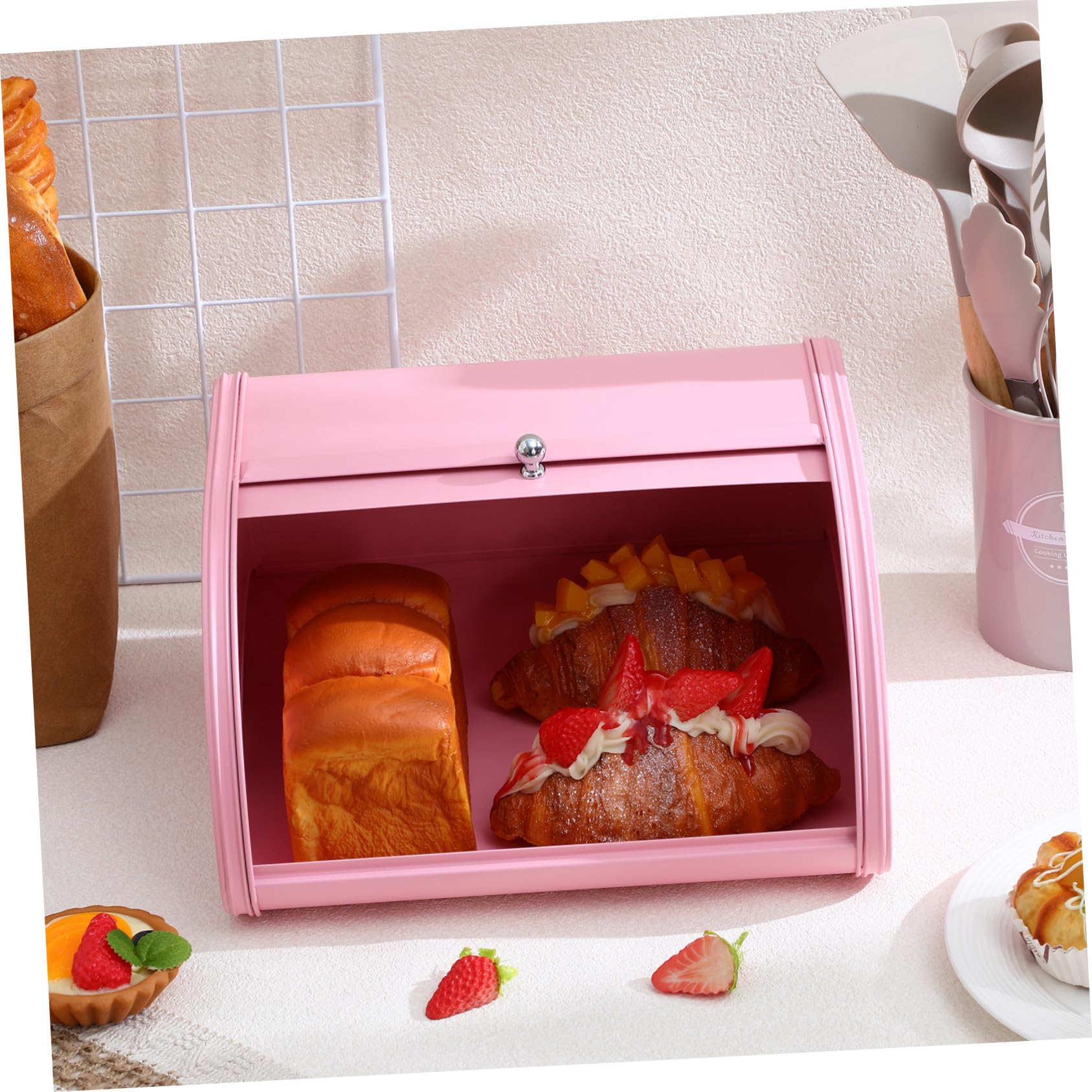 Housoutil Cassetta per Pane in Ferro Rosa Stile Retrò Decorativo | 1 Pezzo, Ventilazione Buona per Conservazione Cibo, Design Porta Scorrevole, Uso Cucina e Casa