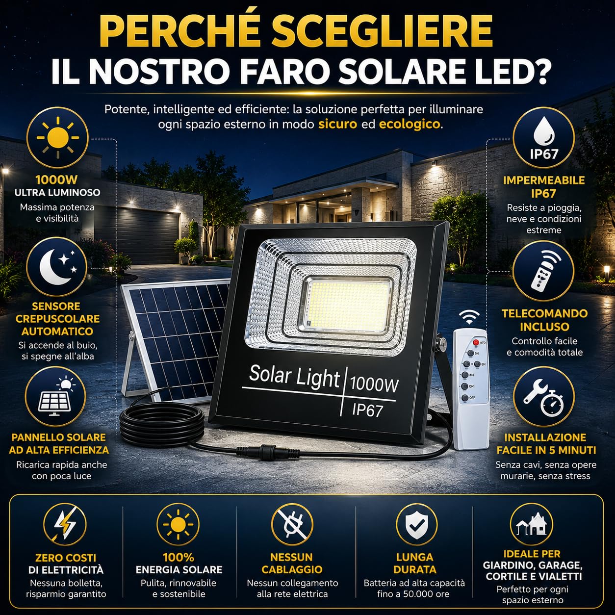 Faro Solare LED 1000W con Pannello Solare, Luce da Esterno 6500K Ultra Potente, Sensore Crepuscolare Automatico, Telecomando, IP67 Impermeabile, Faretto Solare per Giardino, Cortile, Garage, Vialetto