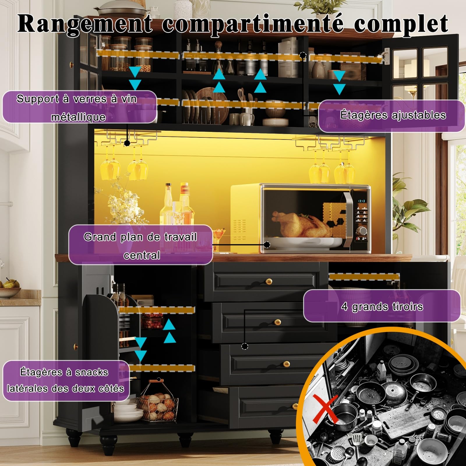 Mobile Cucina con Illuminazione a LED e Piano di Lavoro, Buffet Top Cucina
