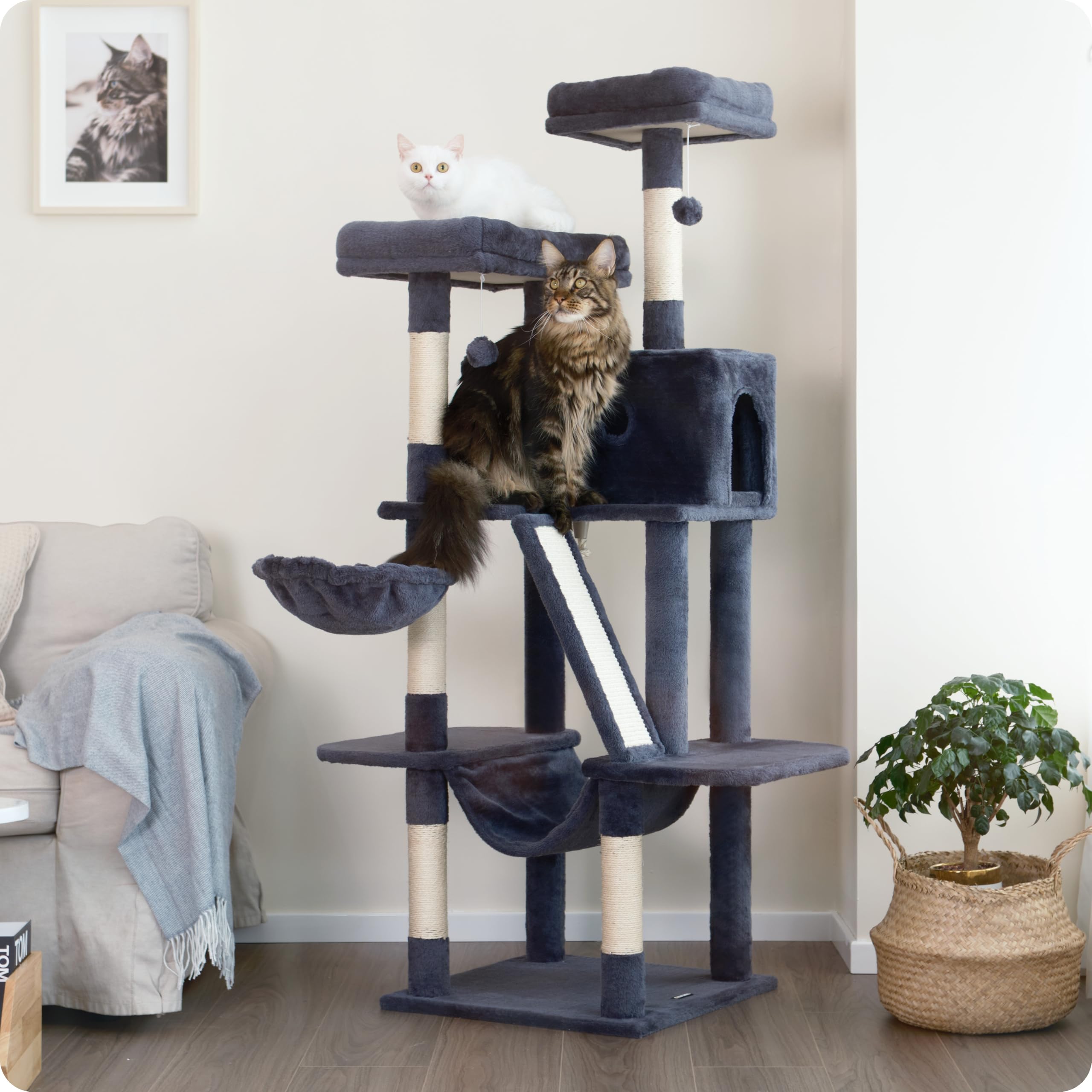 Ouritsu Cat Tree, 61 inch Tall Cat Tower for Large Cat Indoor, Enlarged Condo, 2 Padded Perches with 1 Widened, Large Hammock, Scratching Post and