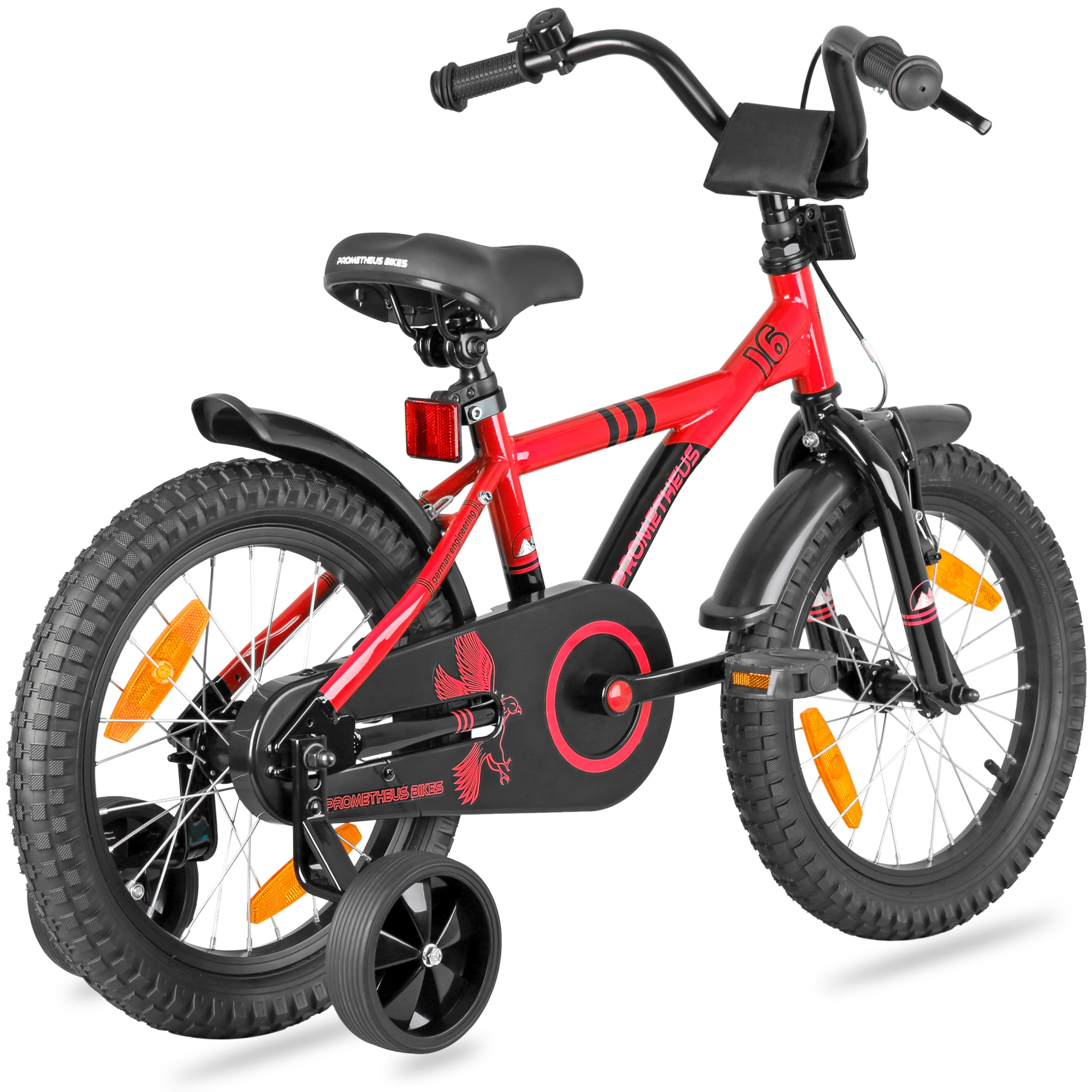 PROMETHEUS BICYCLES Bicicletta Bambini 5-7 Anni Bici per Bambina Bambino 16 Pollici Bimba con rotelle e Freno contropedale rosso nero