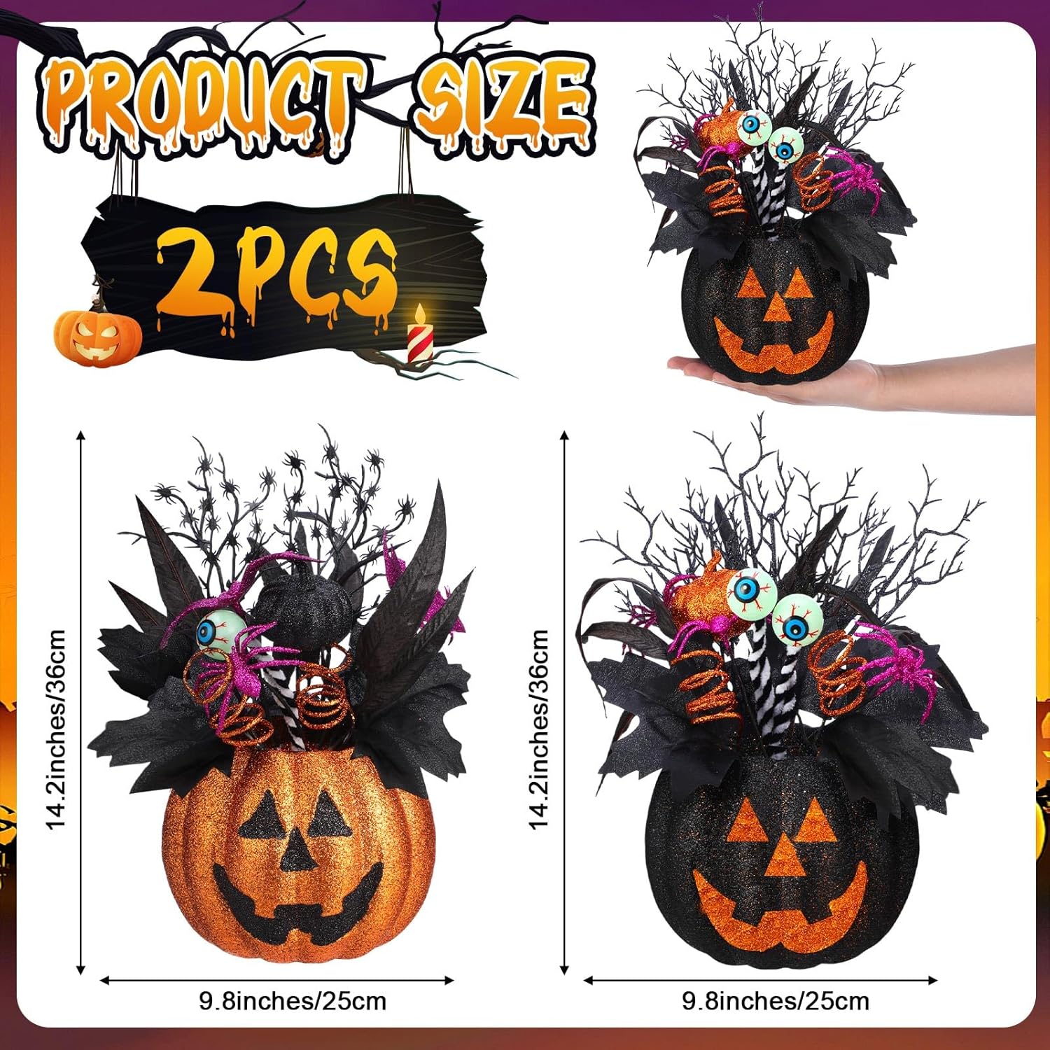 Giegxin 2 Pack Halloween Table Centerpieces Decorations 14'' x 10'' Jack O Lantern Artificial Flowers Pumpkin with Spider and Eyeball Halloween Tabletop Decor for Home Kitchen Indoor Outdoor