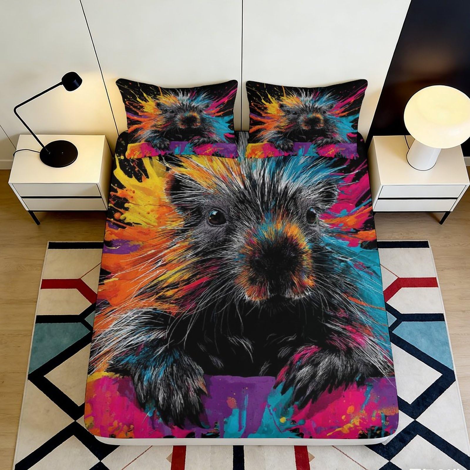 Vivid Decor Fitted Sheet Colourful Dog Art 3D Printed Microfiber Soft Touch, Bed Sheet for Bedroom, Apartment Bedding, Easy Care, Wrinkle Resistant, Anti-Slip, 110 Characters 90x200x25cm