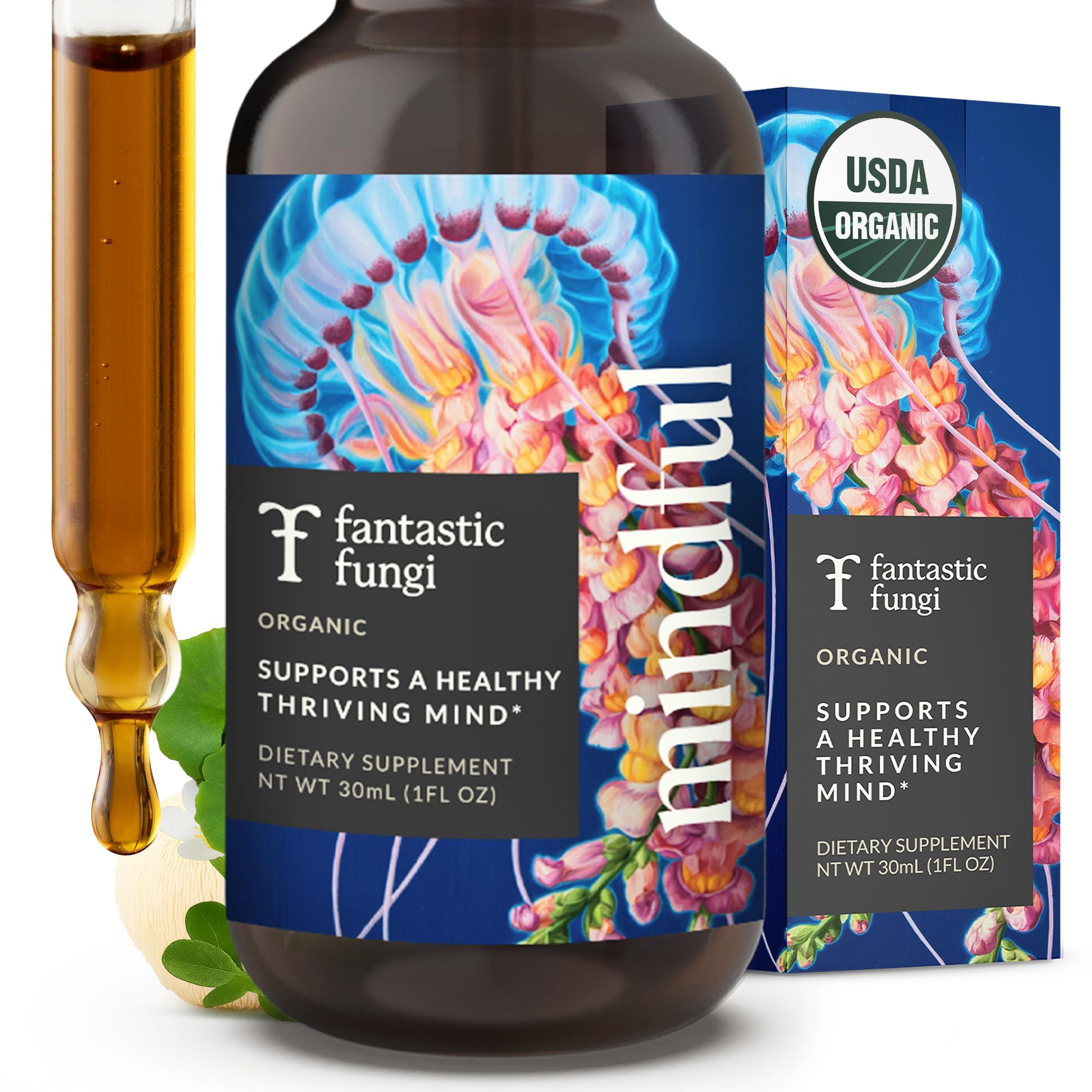 Organic Mushroom Tincture - Mindful Elixir with Lions Mane Mushroom Extract, Bacopa & Ginkgo Leaf - Drops for Focus, Clarity & Memory Support - Formulated in USA, 30 Servings, 1 fl oz
