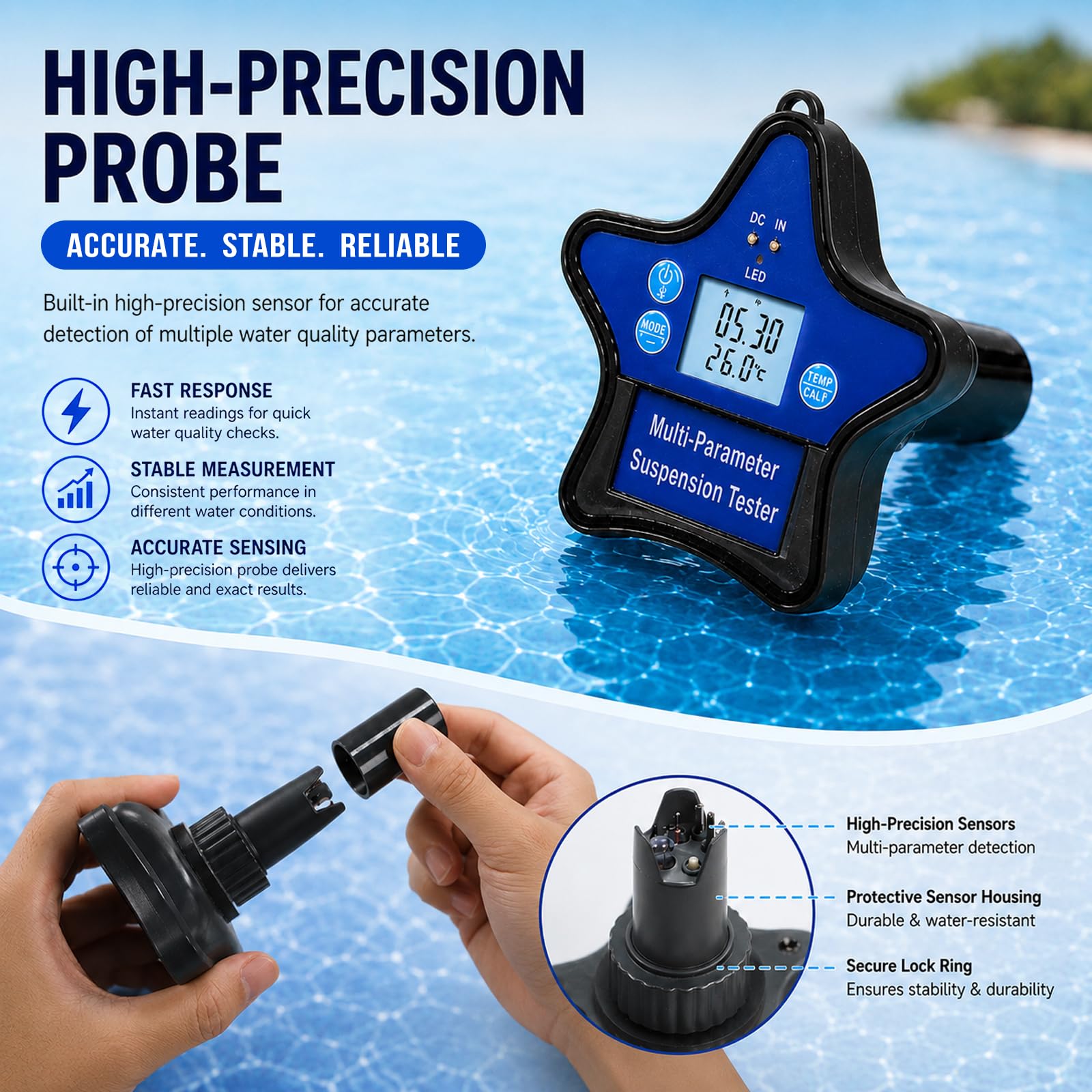 Tester Qualité Eau Flottant 9-en-1 | Moniteur Piscine & Hydroponie pH, ORP, CL, EC, CF, TDS, Sel, S.G. & Temp | Design Flottant Rechargeable avec Écran LCD Rétroéclairé & Suivi par Appli