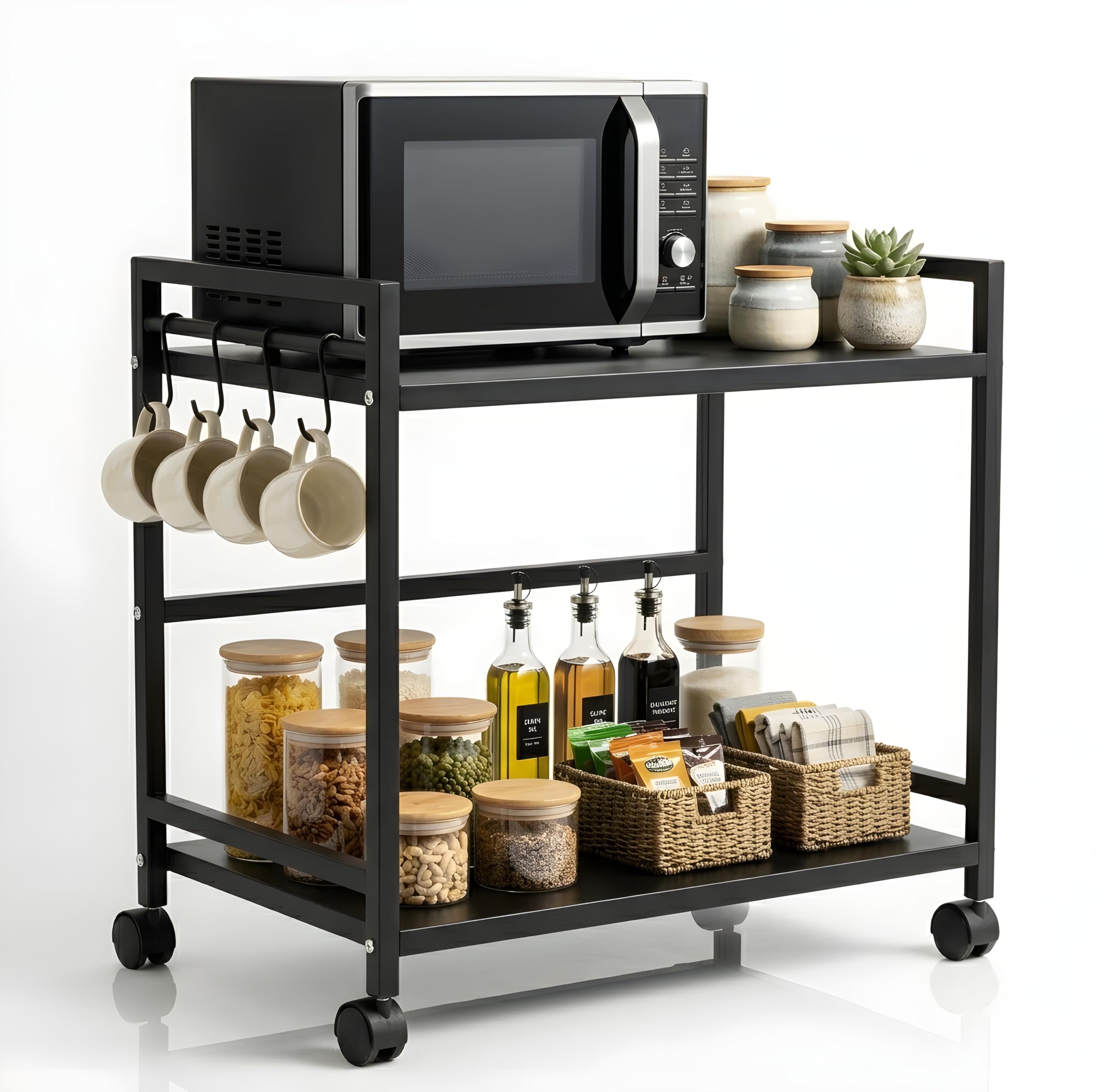 Multi-Purpose Microwave Oven Stand, Kitchen Utility Rack with Storage Shelves, Cup Hooks and Rolling Wheels, Appliance Organizer for Home Kitchen (Black)-image-21
