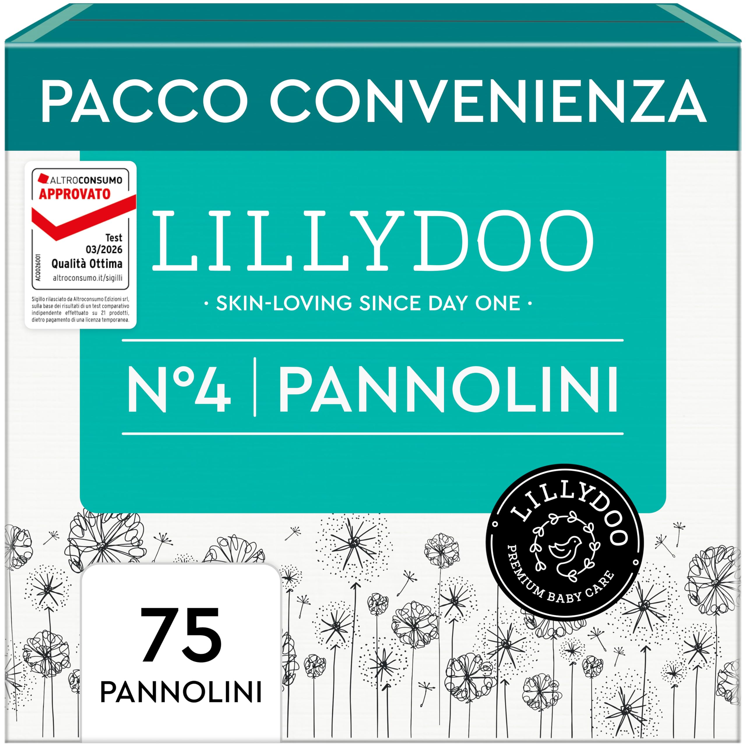 Pannolini LILLYDOO delicati sulla pelle - taglia 4 (9+ kg), pacco scorta (75 unità), protezione contro le fuoriuscite, morbidi, senza profumi & lozioni e dermatologicamente testati