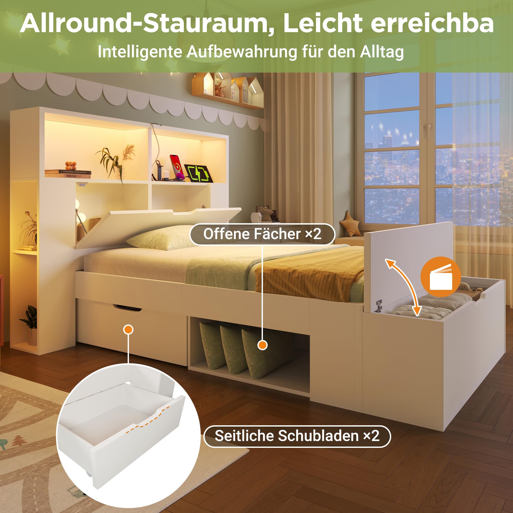 Gecheer Letto Singolo con Contenitore, Struttura in Legno con Luci LED, Porte USB, Cassetti, Panca, Ripiani, Rete a Doghe, 90x200 cm, Bianco, per Cameretta Bambini e Ragazzi