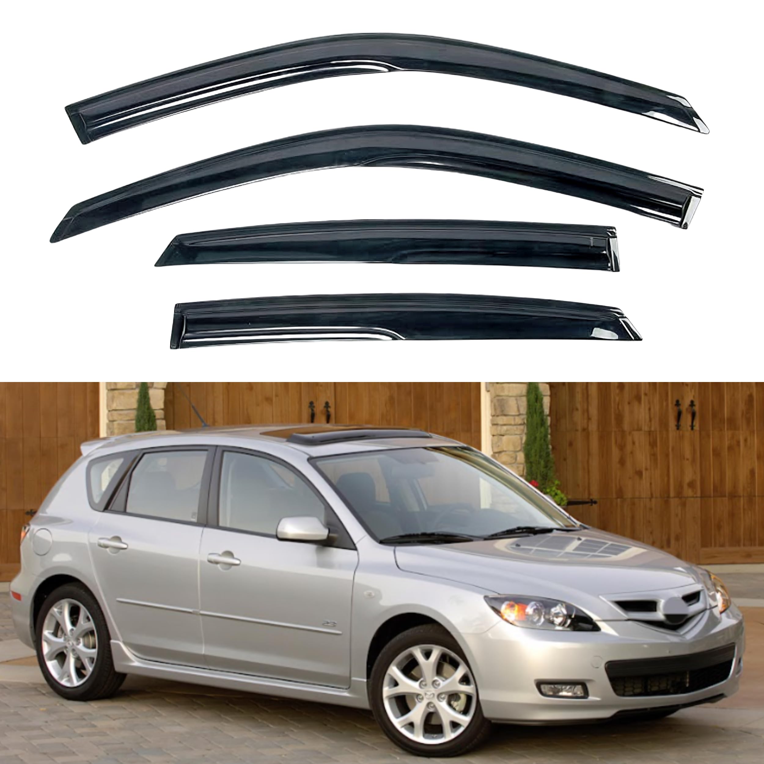 KPY Window Visor Compatible with Mazda 3 Hatchback 2004-2009, 4PC Rain Guard Side Window Vent Deflectors Tape-On Mugen Style, 2004 2005 2006 2007 2008 2009
