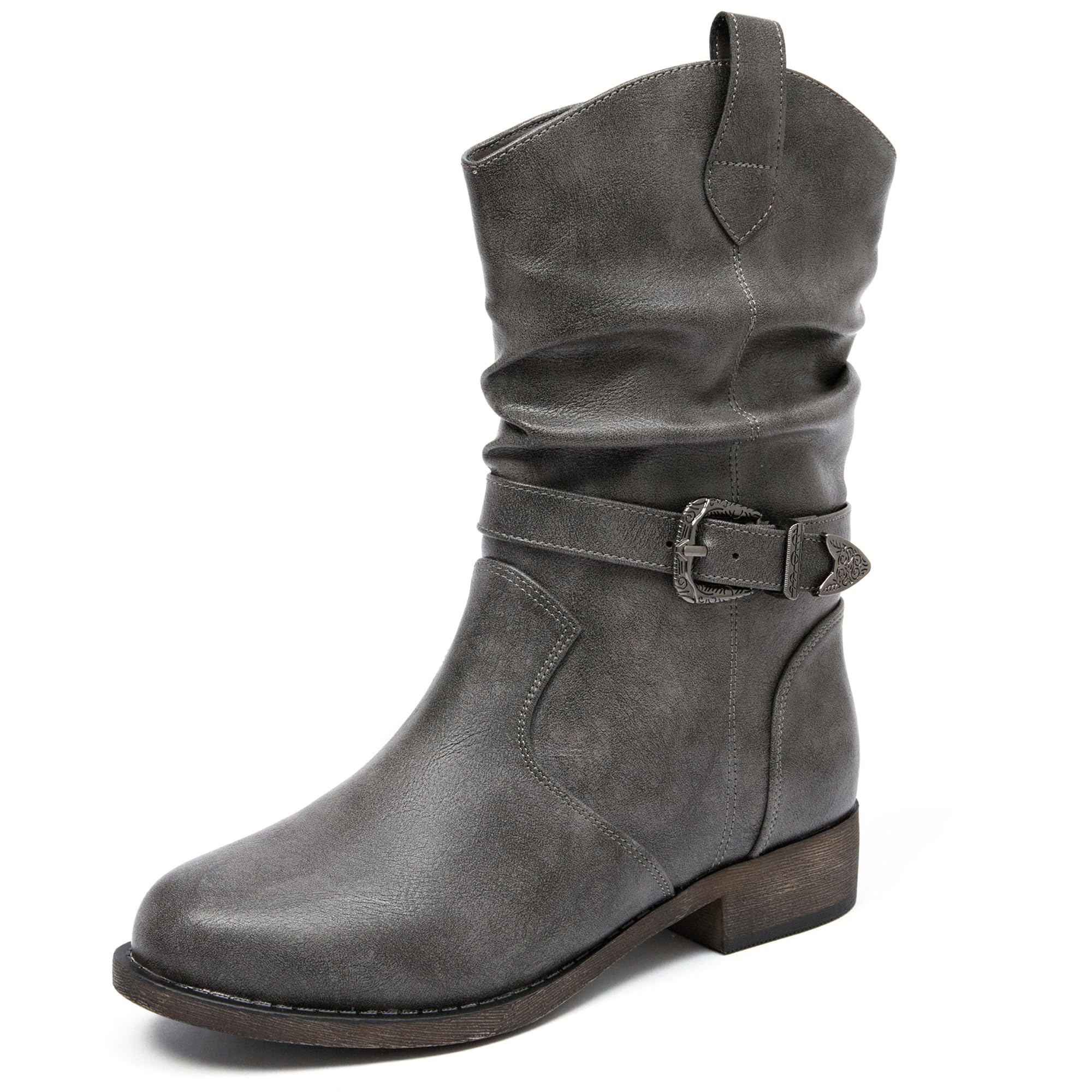 Veittes Women's Mid-Calf Cowboy Cowgirl Boots with Low Chunky Heel,Side Zipper,Motorcycle Style,Classic Round Toe,Fashion Western(Black/Dark Brown/Grey) Boots