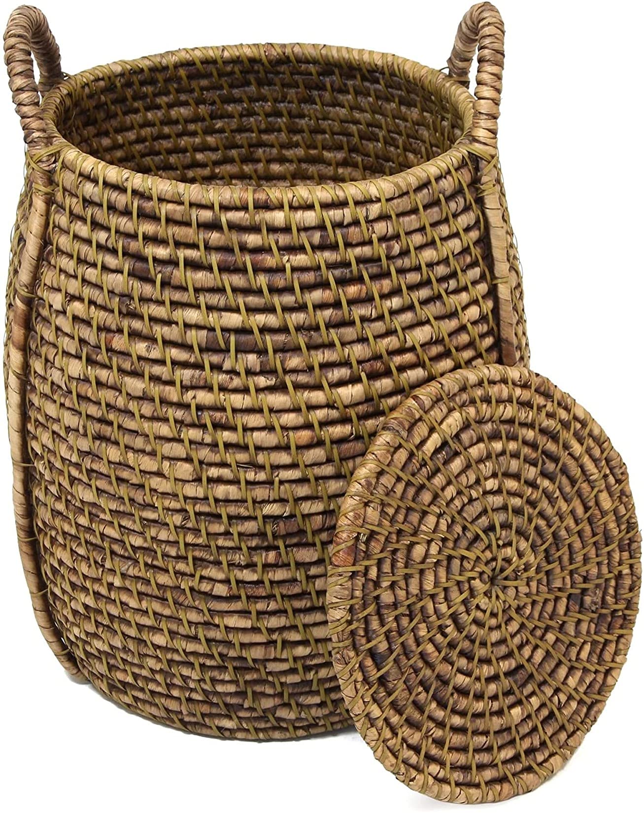 Dekoleidenschaft Wäschekorb "Oriental Heat", geflochten aus Seegras, Bambus und Wasserhyazinthe, Wäschesammler mit Deckel, großer Aufbewahrungskorb, Wäschetonne, Flechtkorb, Schmutzwäsche-Behälter