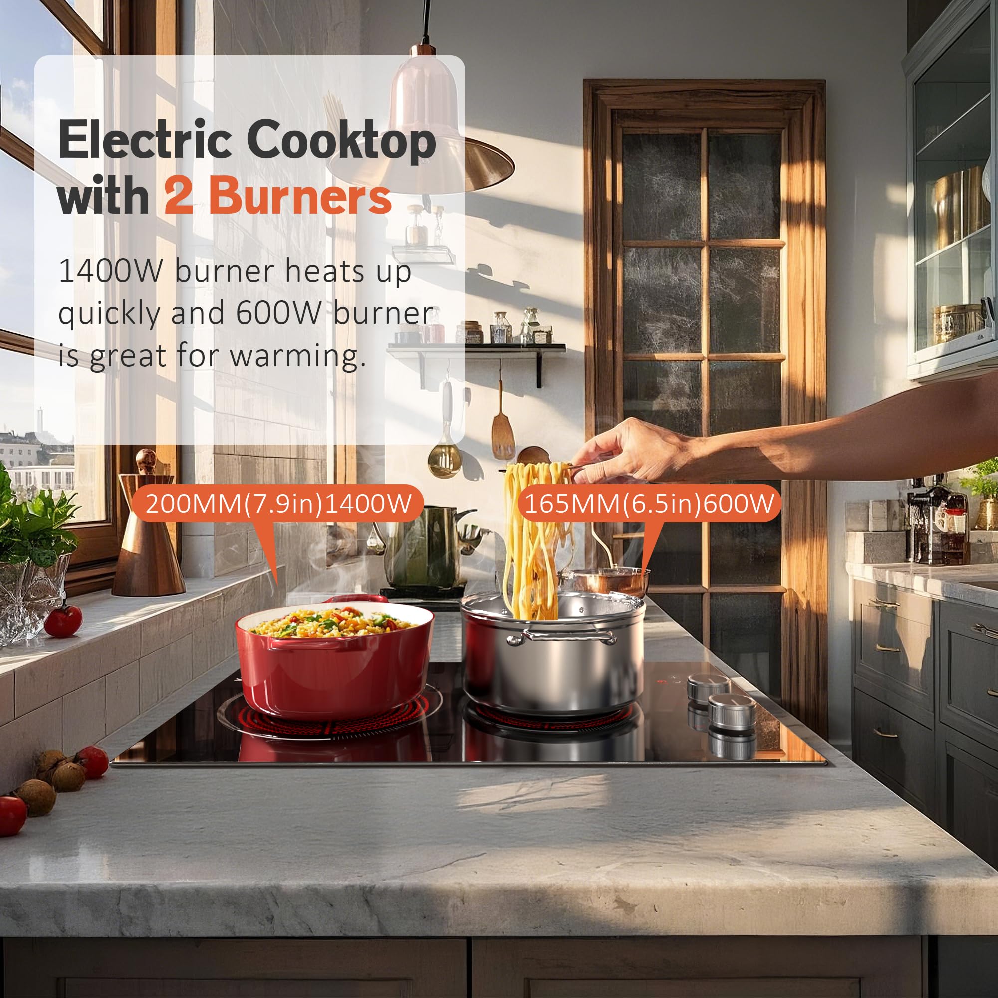 2 Burner Electric Cooktop 110V 2000W Plug in Cook top, 12 Inch Built in or Countertop Stove Top, Electric Burners for Cooking Knob & Touch, Cooktop with 9 Power Levels, Safety Lock, Timer, Karienvir