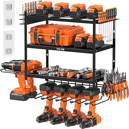 Power Tool Organizer Wall Mount,Drill Storage Rack Wall Mount,4 Layers Cordless Drill Holder,6 Drill Holder Wall Mount and Garage Racks for Storage,Iron,Black