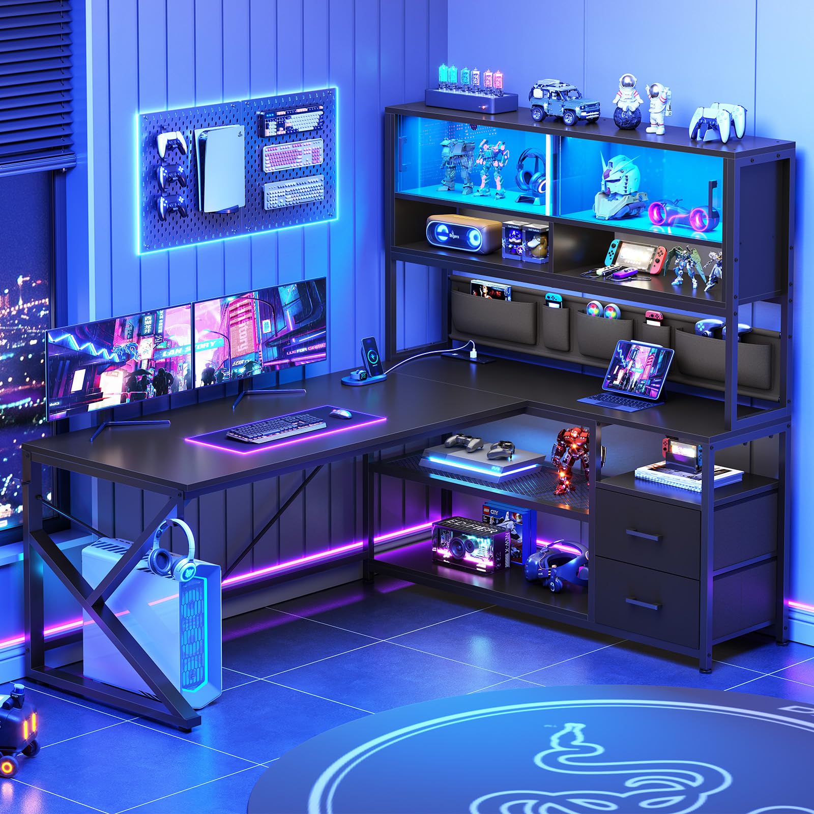 SEDETA L Shaped Gaming Desk, Home Office Computer Desk with 2 Drawer and Bookshelf, L Shaped Gaming Desk with LED Light, Glass Cabinet and Storage Bag
