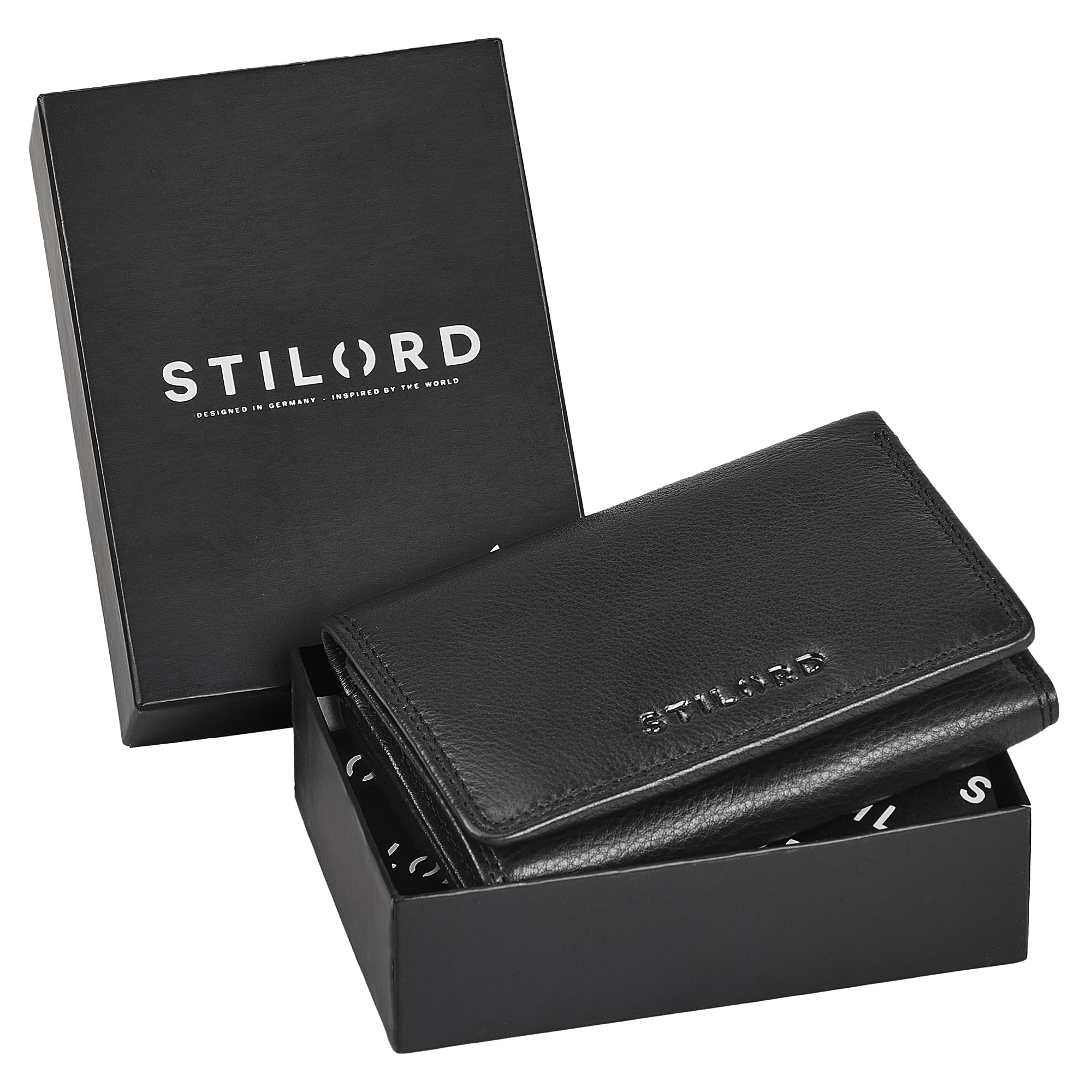 STILORD "Olive Echtleder Geldbörse Damen Mittelgroß Leder Portemonnaie - Freuen Brieftasche mit RFID Schutz - Trifold Damengeldbörse mit Münzfach in edler Geschenkbox Farbe:schwarz