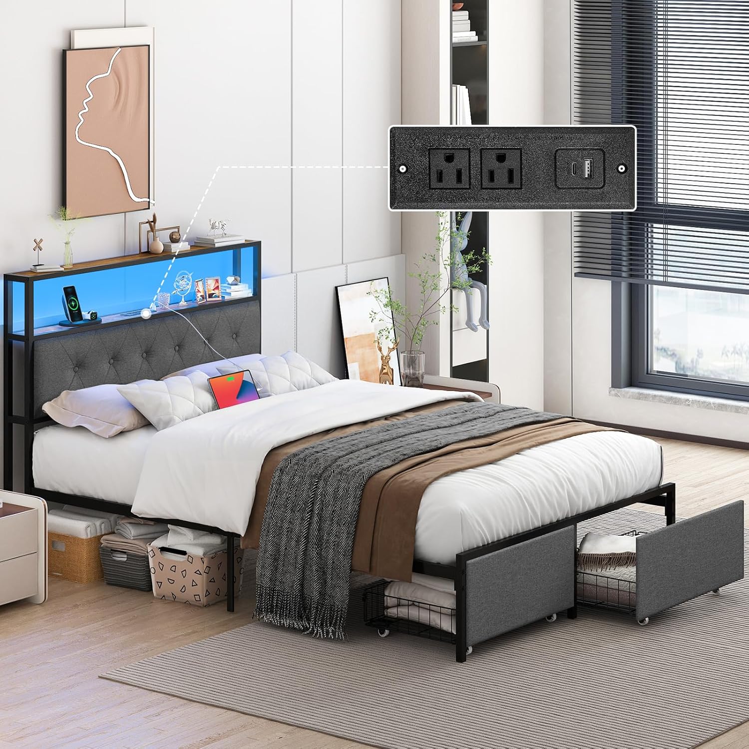 Yoobure Full Size Bed Frame with Headboard, Metal Platform Bed Frame Full Size with Storage Shelf & Drawers, Bed Frames, Bedframe with Charging Station & LED Light, No Box Spring Needed, Noise Free