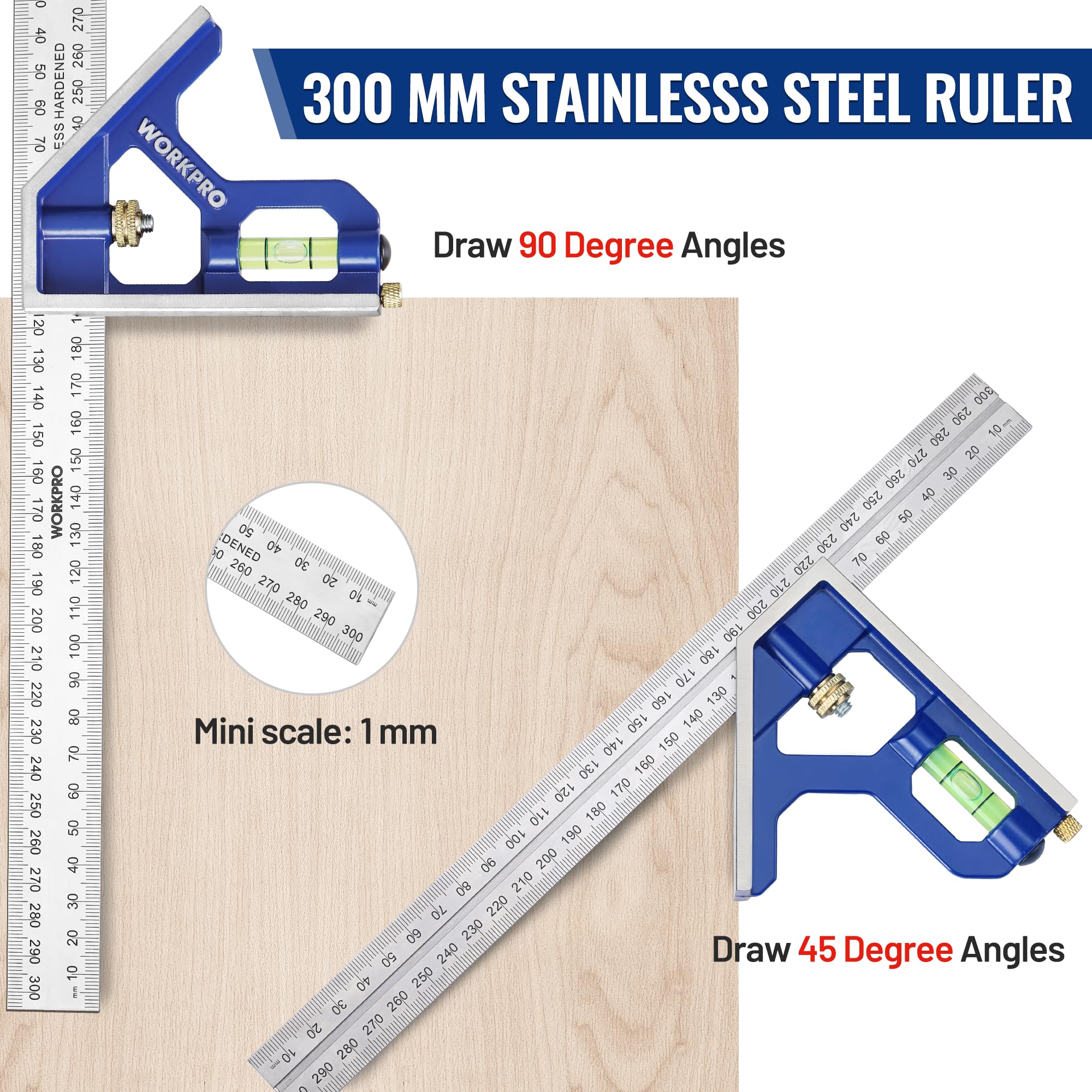 WORKPRO 180 mm Speed Square and 300 mm Combination Square Set, Aluminum Speed Square, Stainless Steel Combination Square - Image 4
