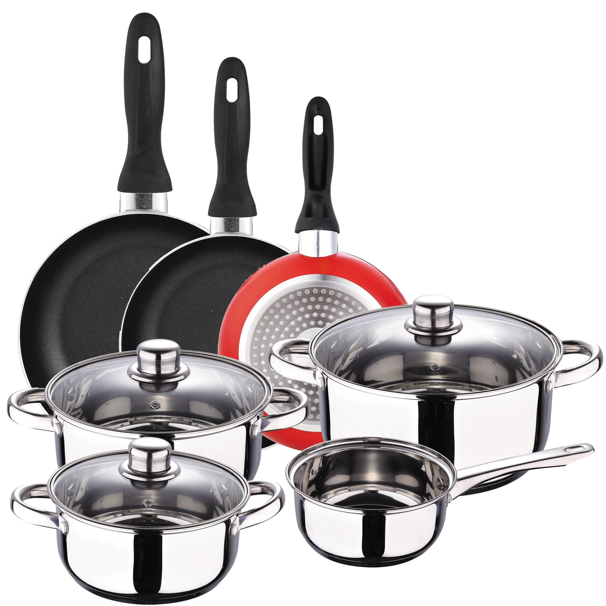 SAN IGNACIO 7-Piece Cassel and Set of 3 Frying Pans Ø16/Ø20/Ø24 cm Red, Pressed Aluminium, Non-Stick, Induction