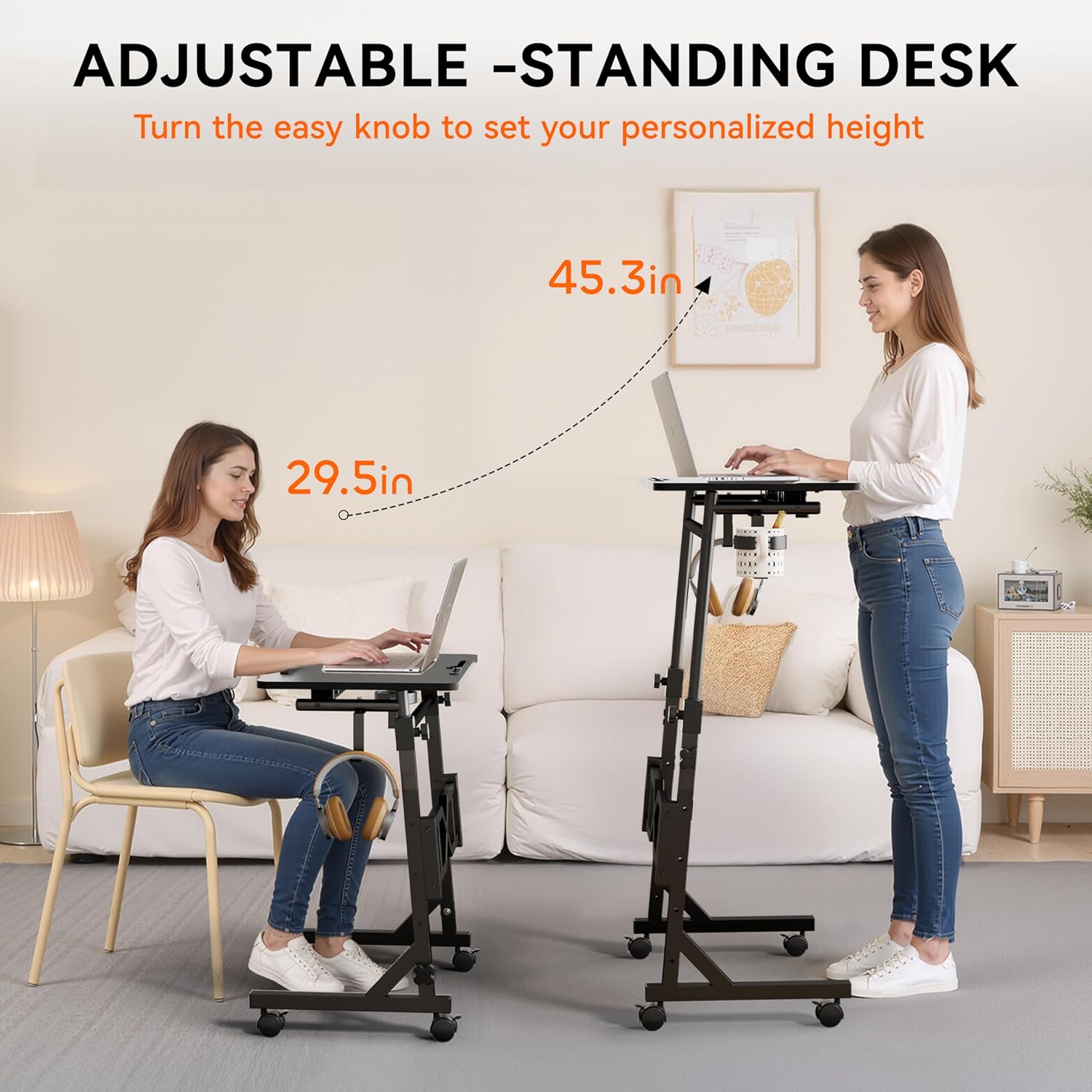 Small Standing Desk with Wheels, 29.5-45.3 Inch Adjustable Height, Portable Treadmill Desk, Rolling Computer Table for Walking Pad with a Cup Holder and a Hook
