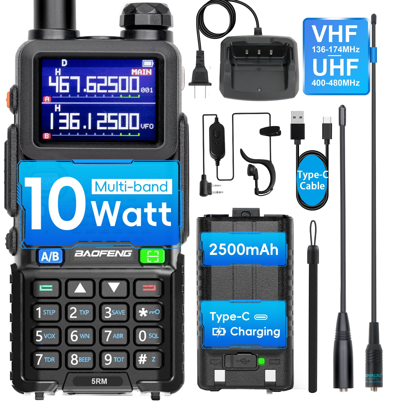 5RM Ham Radio 10W High Power, VHF/UHF, 8 Bands Long Range Two Way Radio Handheld, NOAA, Frequency Copy, 999CH,USB C Charging 2500mAh Battery,6.1" &15.12" 771 Long Antenna-1 Pack Full Kit