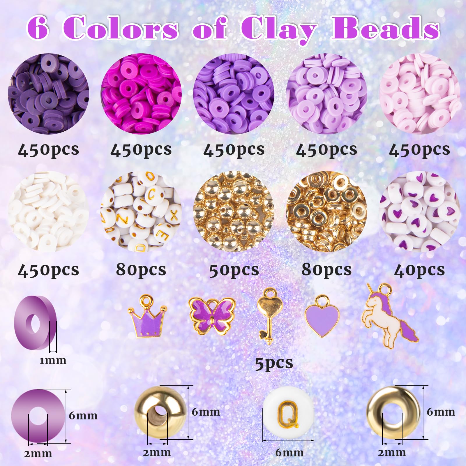 yumcute Purple Clay Beads Bracelet Making Kit, 3000pcs Jewellery Making Kit, 6 Color Clay Bead Kit - Image 2