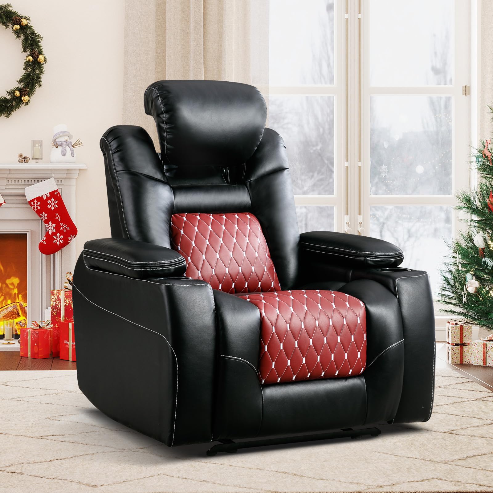 ANJ Electric Power Recliner Chair with Adjustable Powered Headrest, Faux Leather Home Theater Seating Overstuffed Reclining Furniture with USB Ports, Cup Holders, Hidden Arm Storage (Black/Red)