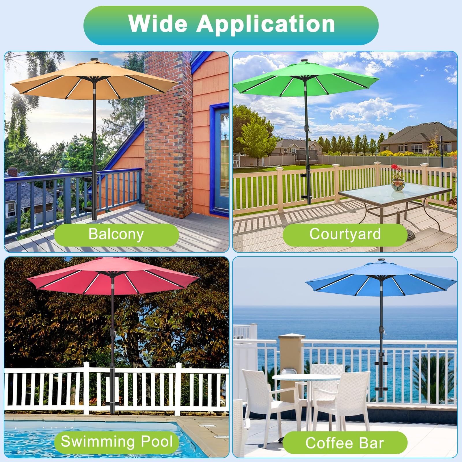 Dolibest Abrazadera para sombrilla para balcón, patio, soporte de tubo para valla, soporte de montaje en cubierta, clip de fijación ajustable para sombrilla de sol, ahorro de espacio con 3 mangas para