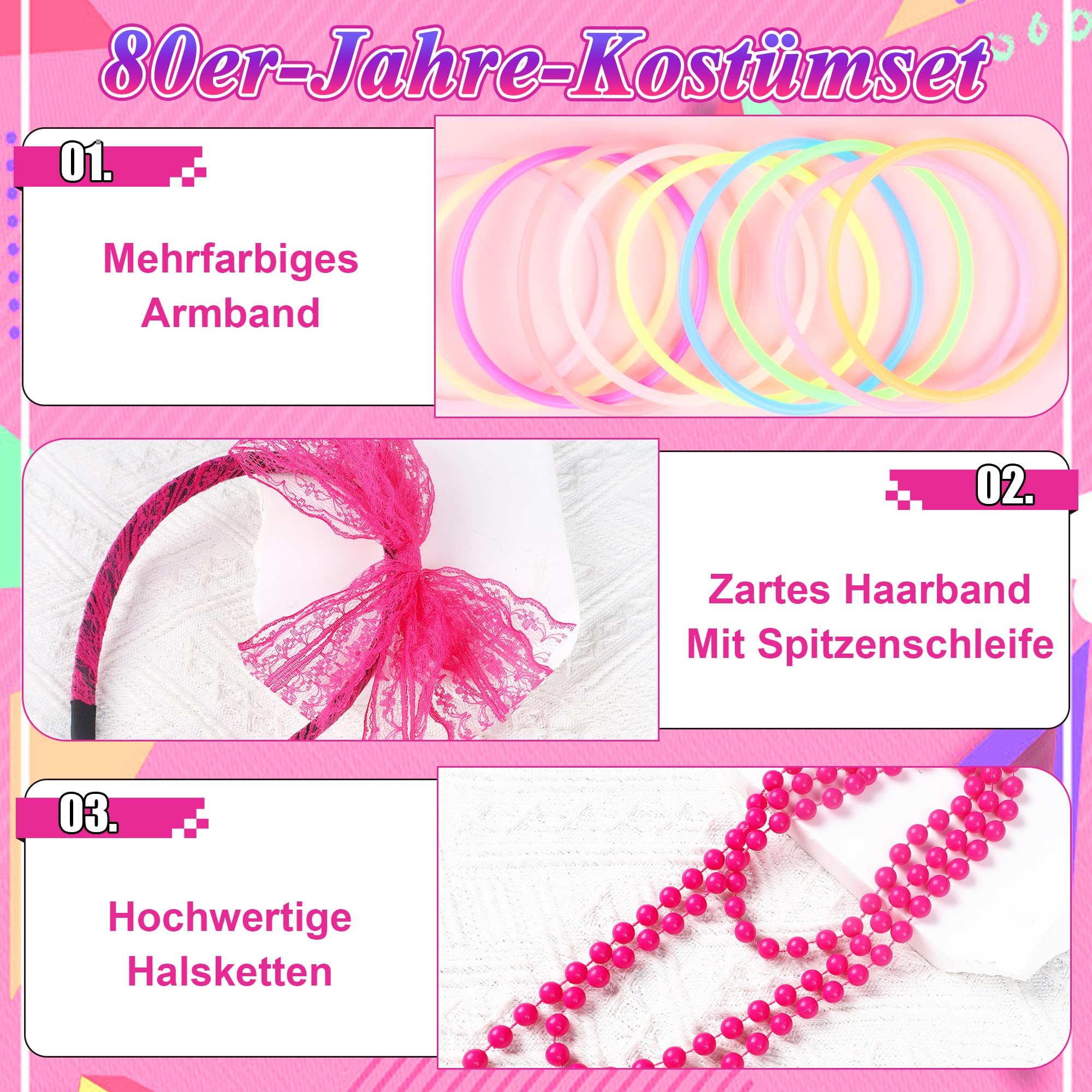 80er Jahre Kostüm Damen Set, 80s Outfit Frauen mit T-Shirt Gürteltasche Beinstulpen Netzhandchuhe Neon Schmuck, 80er Jahre Kleidung für Karneval Fasching Mottoparty Disco