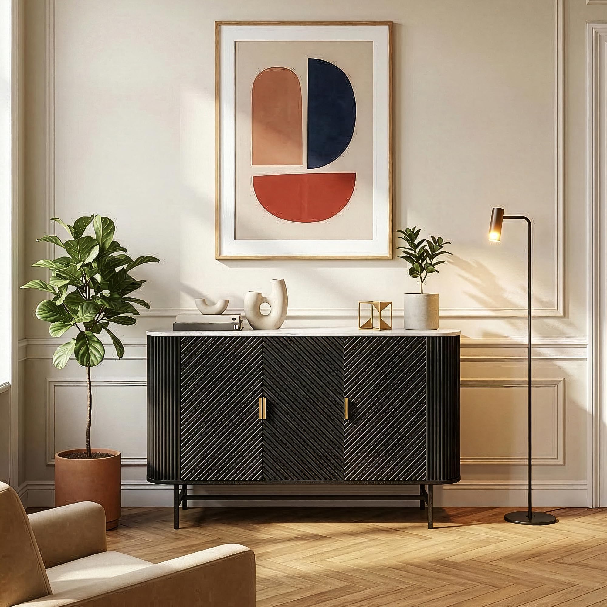 [en.casa] Mobile Contenitore a 3 Ante Credenza con 4 Scomparti e Pannelli Decorativi Madia Buffet con Ripiani per Soggiorno Sala da Pranzo Ingresso 110 x 40 x 77 cm - Nero/Effetto Marmo Bianco