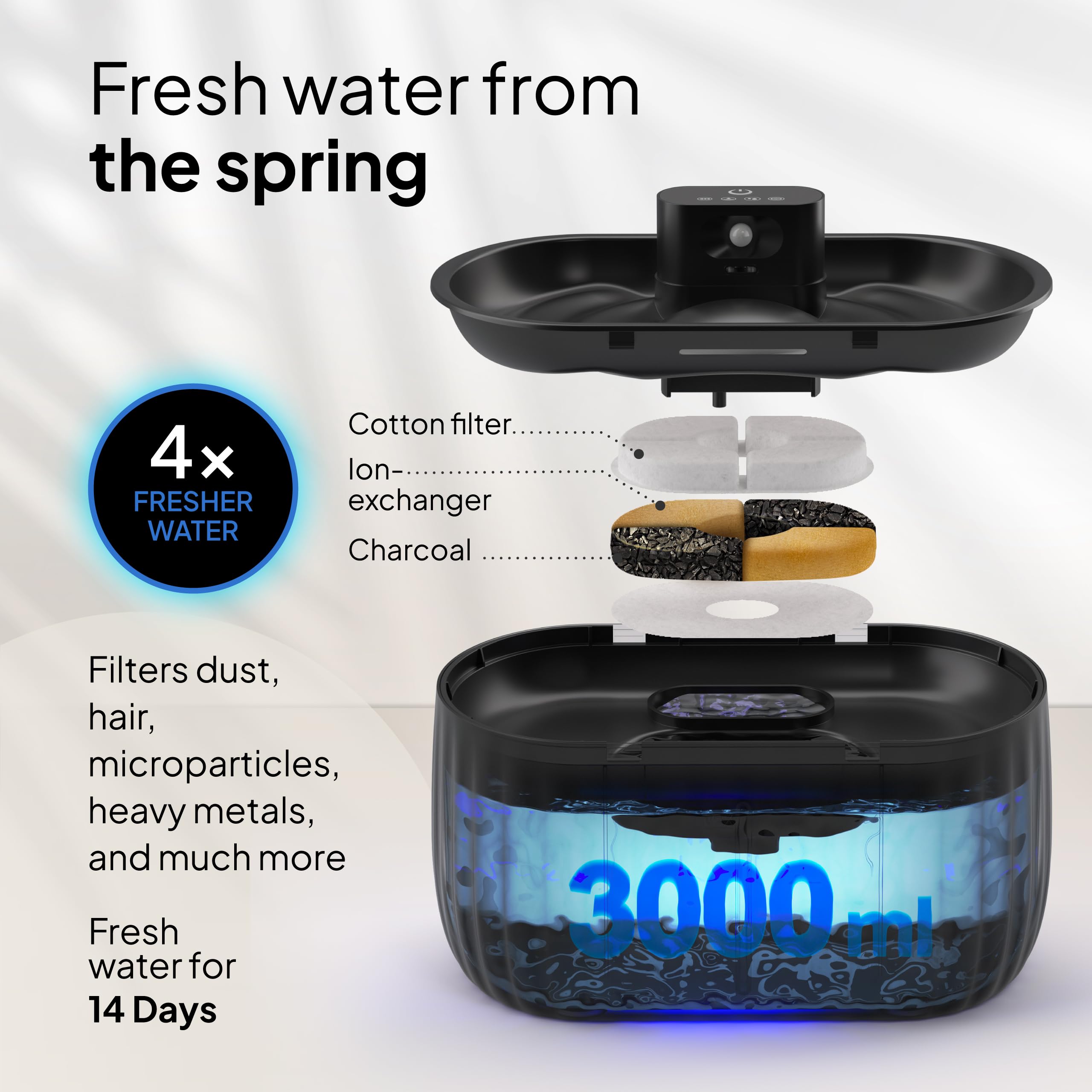 Pretty Paw Fontanna Bezprzewodowa dla Kota 3L z Filtrem i Czujnikiem Ruchu - Ciche Poidło do Świeżej Wody, 3 Tryby Pracy, Akumulatorowe i Ładowane przez USB - Aqua Sense (Czarny)