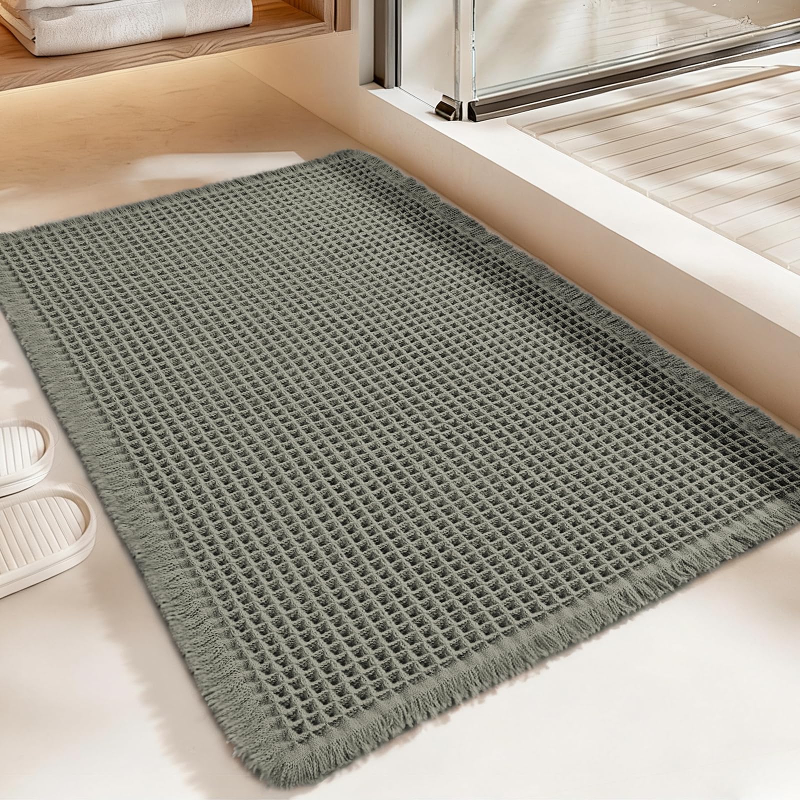 Siyaluens Luxury Waffle Bath Mat Super Absorbent Non Slip Bathroom Rugs Boho Ultra Soft Comfort Machine Washable Quick