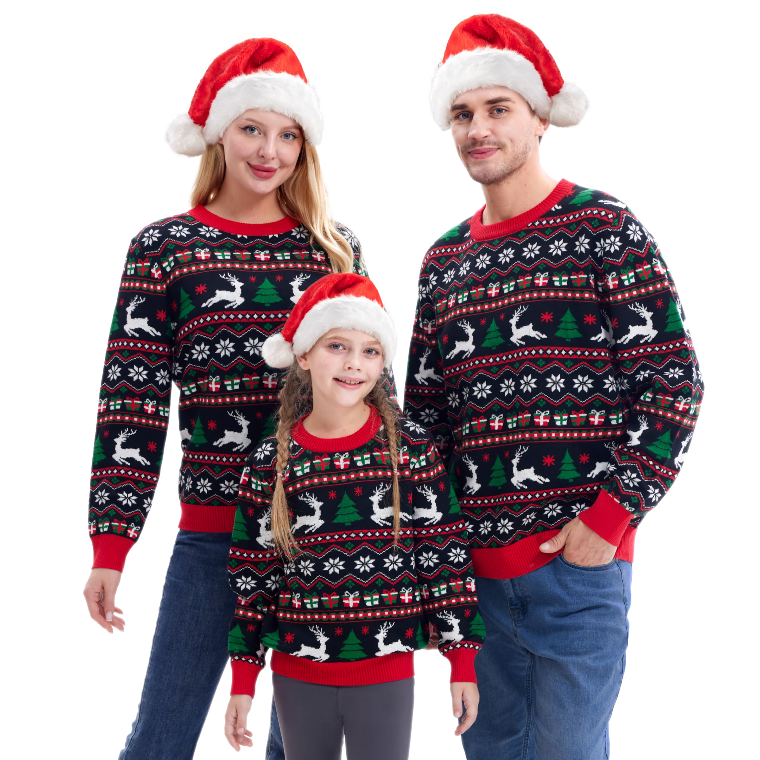 Giggling Getup Women's Black Family Matching Ugly Sweater, Cute Christmas Long Sleeve Knit Pullover, Christmas Sweater For