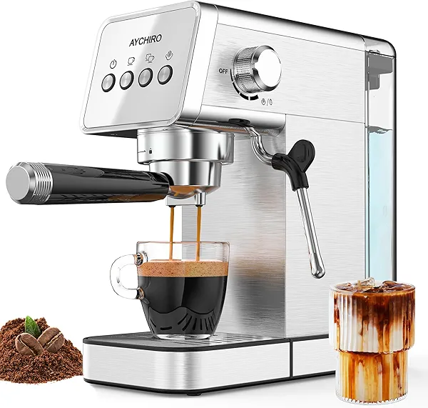 AYCHIRO Espresso Machine with Steam Milk Frother,20 Bar Stainless Steel Coffee Maker for Latte & Cappuccino,Detachable Water Tank/Drip Tray, Hot Water Function for Home & Office Use
