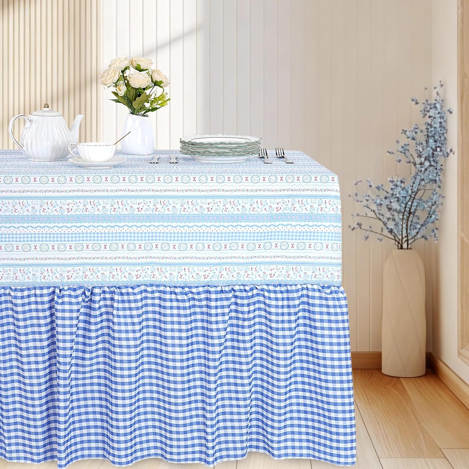 Pink Bunny Easter Tablecloth - Easter Ruffle Waterproof Table Cloth 80 x 120 Inch Spring Flower Rabbit Eggs Rectangle Table Covers for Holiday Picnic Baby Shower Birthday Wedding Party Decoration