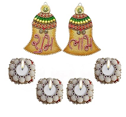 Saugat Traders Wooden Hanging Shubh Labh Pair with Designer Fancy Beads Tea Light Candle Holder for Home Decoration- Diwali and Navratari Decoration-Diwali Decoration Item for Home