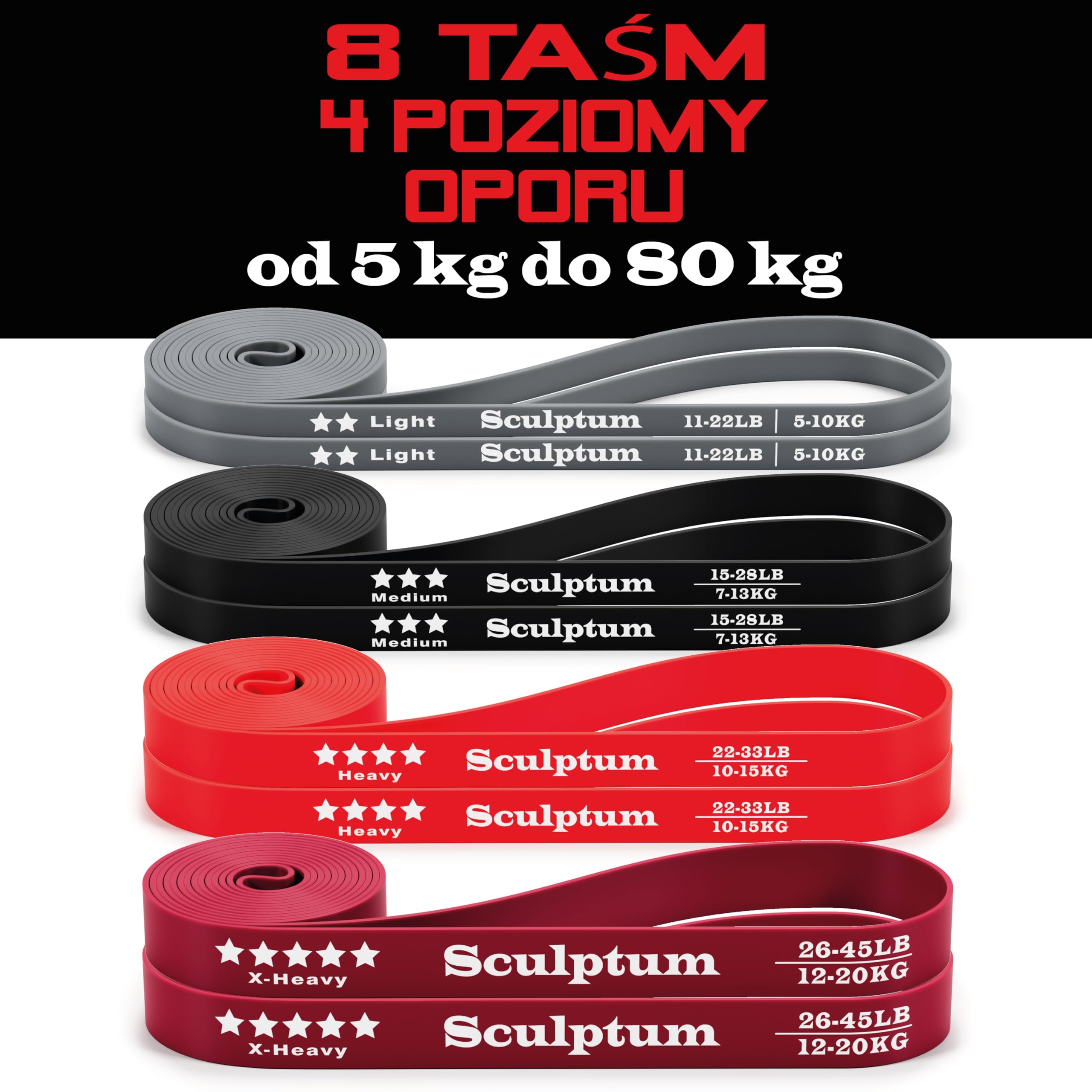 Elastyczne taśmy oporowe, 2 zestawy 4 gumek (TPE), z 2 prowadnicami aluminiowymi 1 m. z zaczepami wielopozycyjnymi. Domowa siłownia do ćwiczeń fitness całego ciała. Przewodnik wideo.