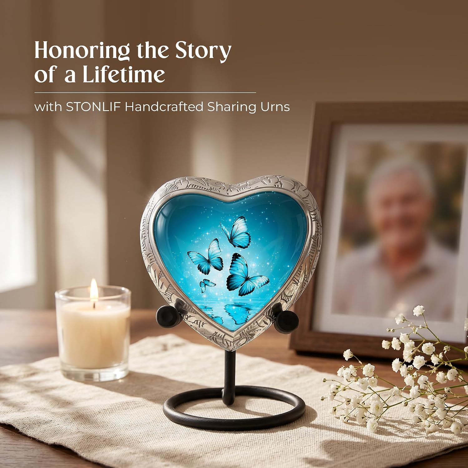 Aqua Butterfly Cremation Urn for Human Ashes, Small Keepsake Heart Urn for Female, Decorative Memorial Funeral Urn for Women, Mini Burial Urn for Ashes, Keepsake for Home Display or Sympathy Gift