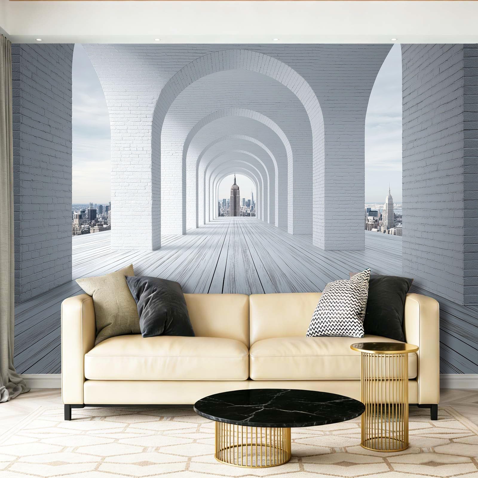 Carta da parati fotografica 3D, moderna e industriale, con tunnel e arco di mattoni, grattacieli, decorazione da parete, 350 x 256 cm, in tessuto non tessuto, XXL, per soggiorno, camera da letto