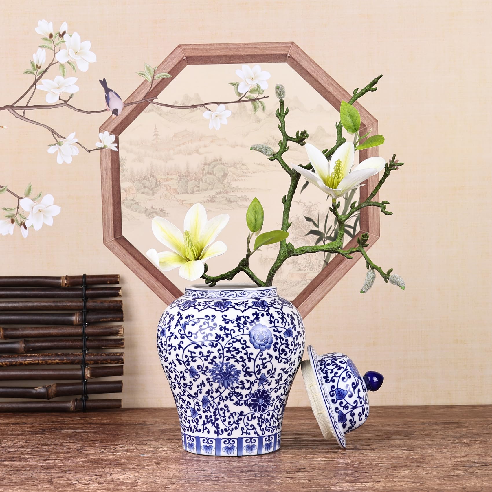 Chinoiserie - Barattolo di zenzero in porcellana blu e bianca, vaso in ceramica fatto a mano per decorazione della casa, barattolo decorativo in stile classico cinese (loto)